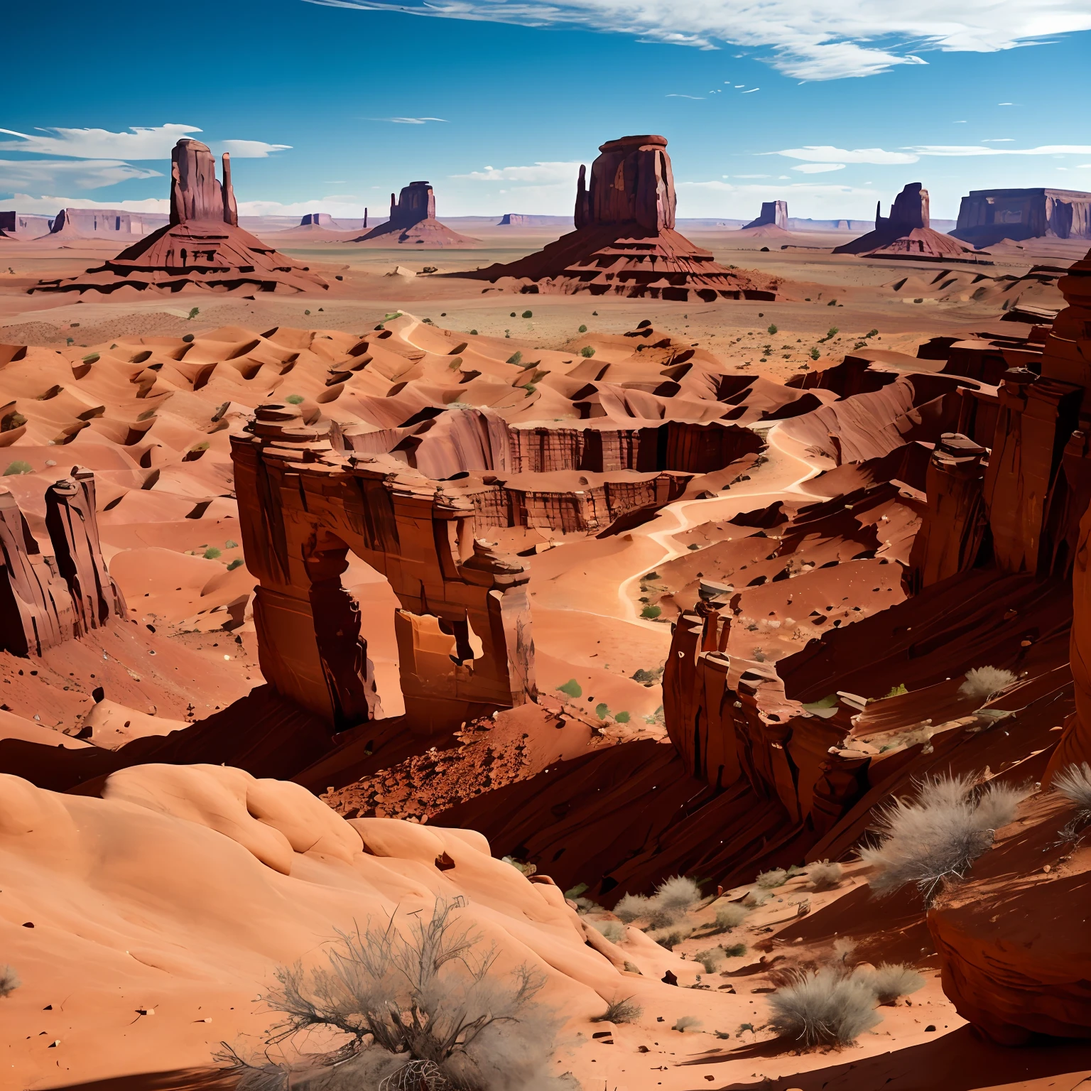 Monument Valley, United States: Red plateaus and dramatic rock formations, standing out against the intense blue sky and vastness of the desert.