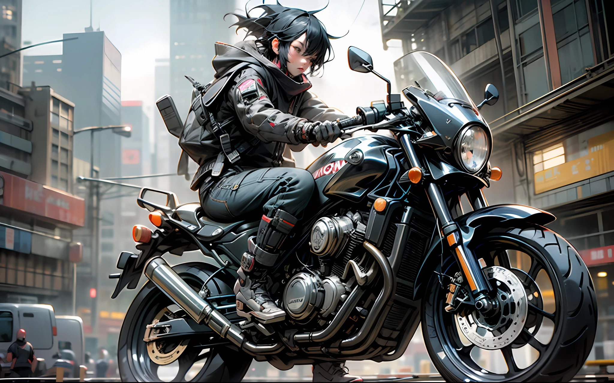 best quality, masterpiece, photo, 4K, photorealistic, highly detailed,
1girl riding motobike, techwear, cyberpunk city, solo, futuristic, huge moon in the background, black and white, by Akira Toriyama, closeup,