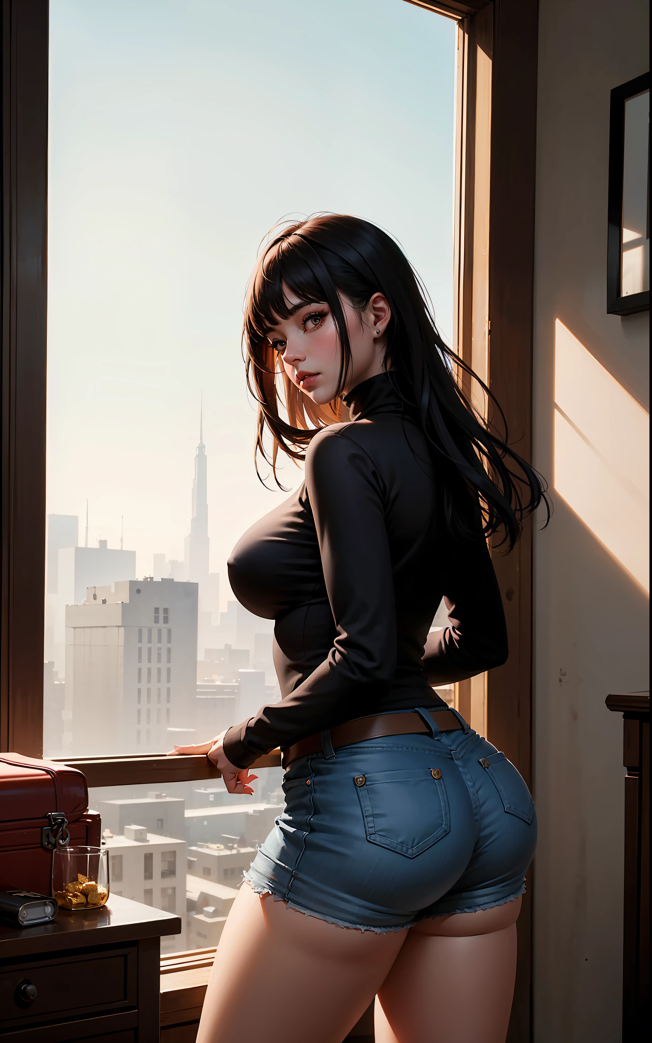 shorts, from_side, thicc pawg, srfc, latina, stunning intricate full color portrait, wearing a black turtleneck, epic character composition, by ilya kuvshinov, alessio albi, nina masic, sharp focus, natural lighting, subsurface scattering, f2, 35mm, film grain --auto