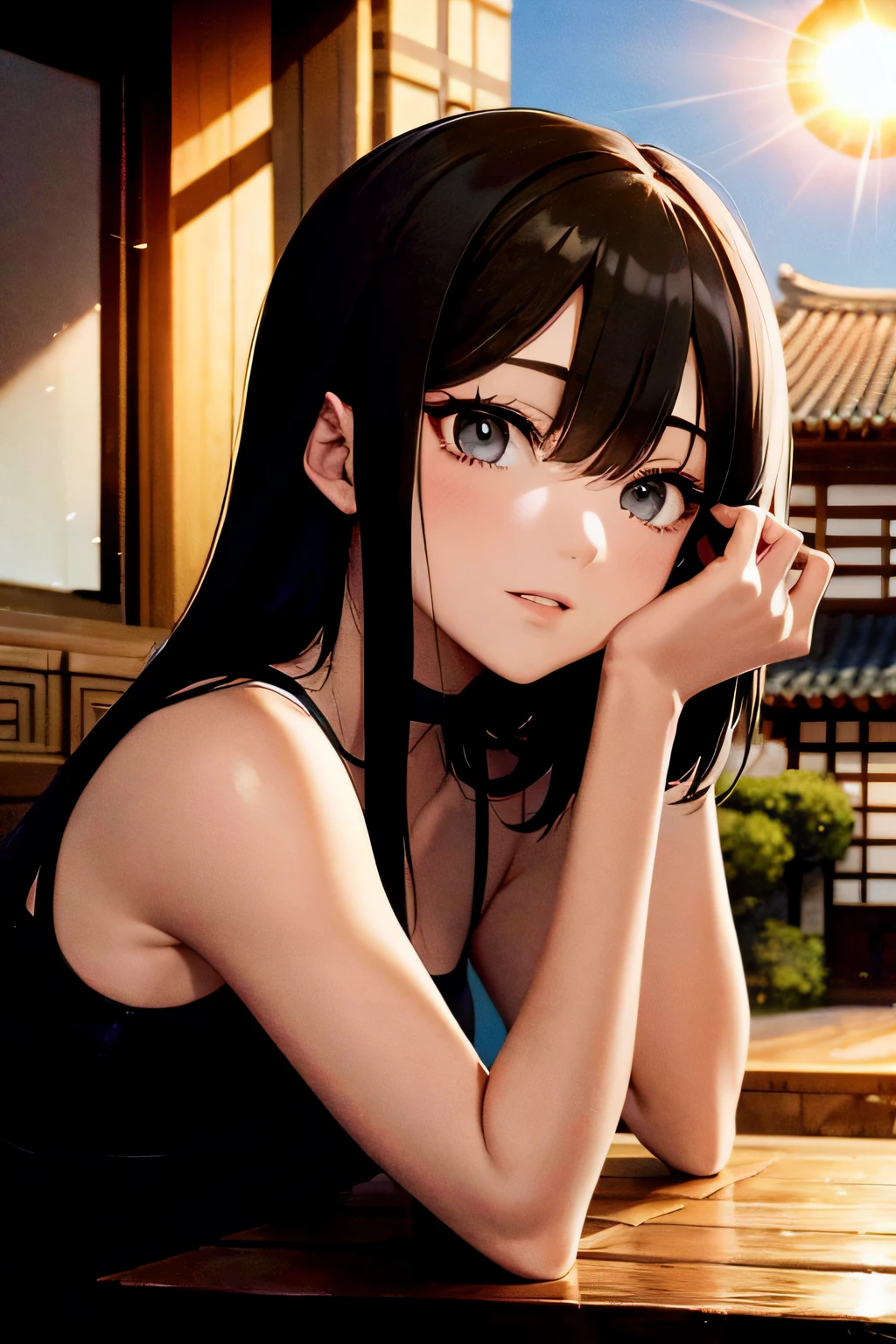 best quality, masterpiece, girl, black hair, black eyes, house, sun is shining, shiny skin, sun flare, asian