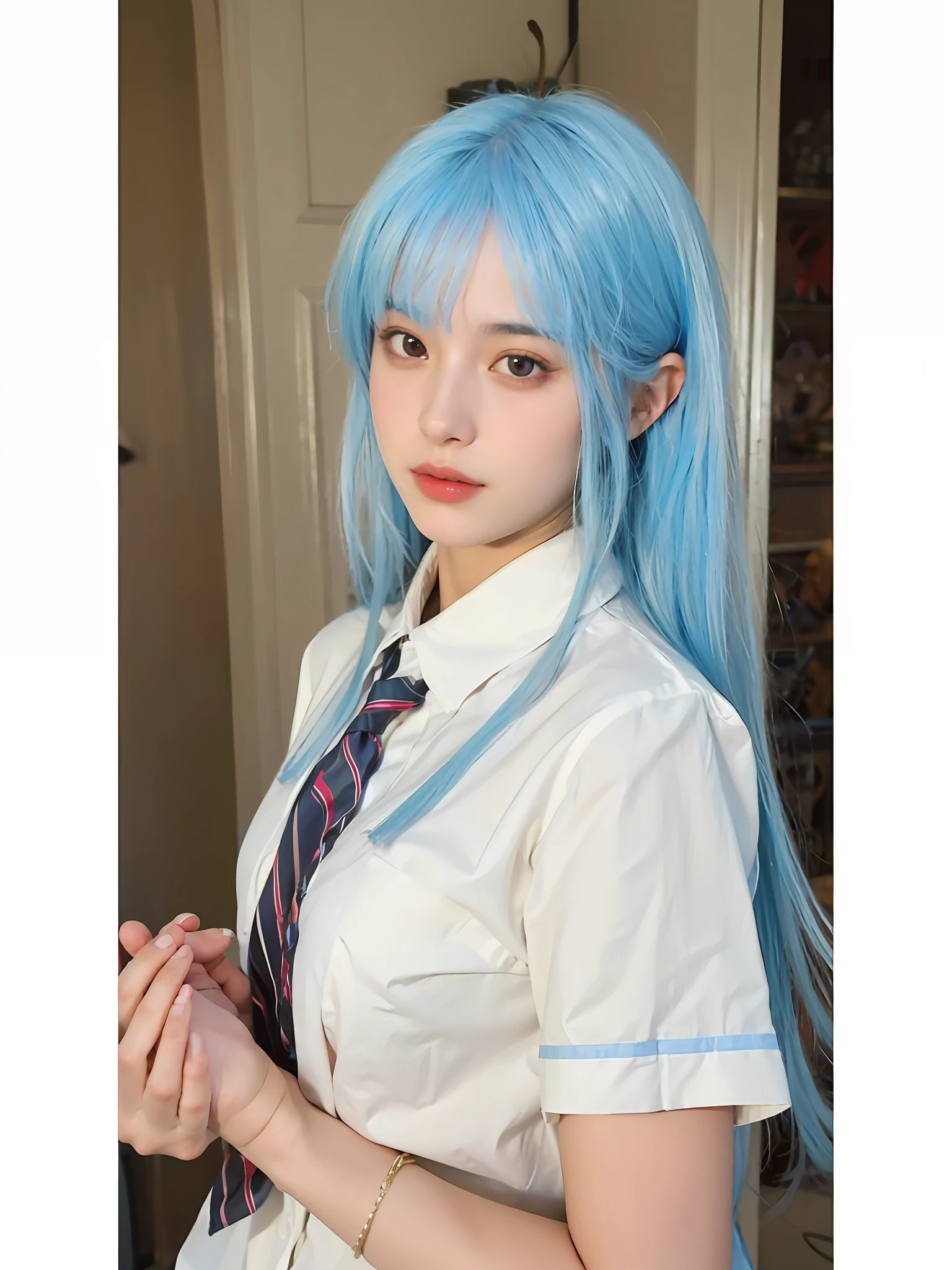 (Large breast:1.4),(shirt:1.4),(Best quality,masterpiece,ultra high res,(photorealistic:1.4),1girl,(:1.4),(partially unbuttoned:1.5)