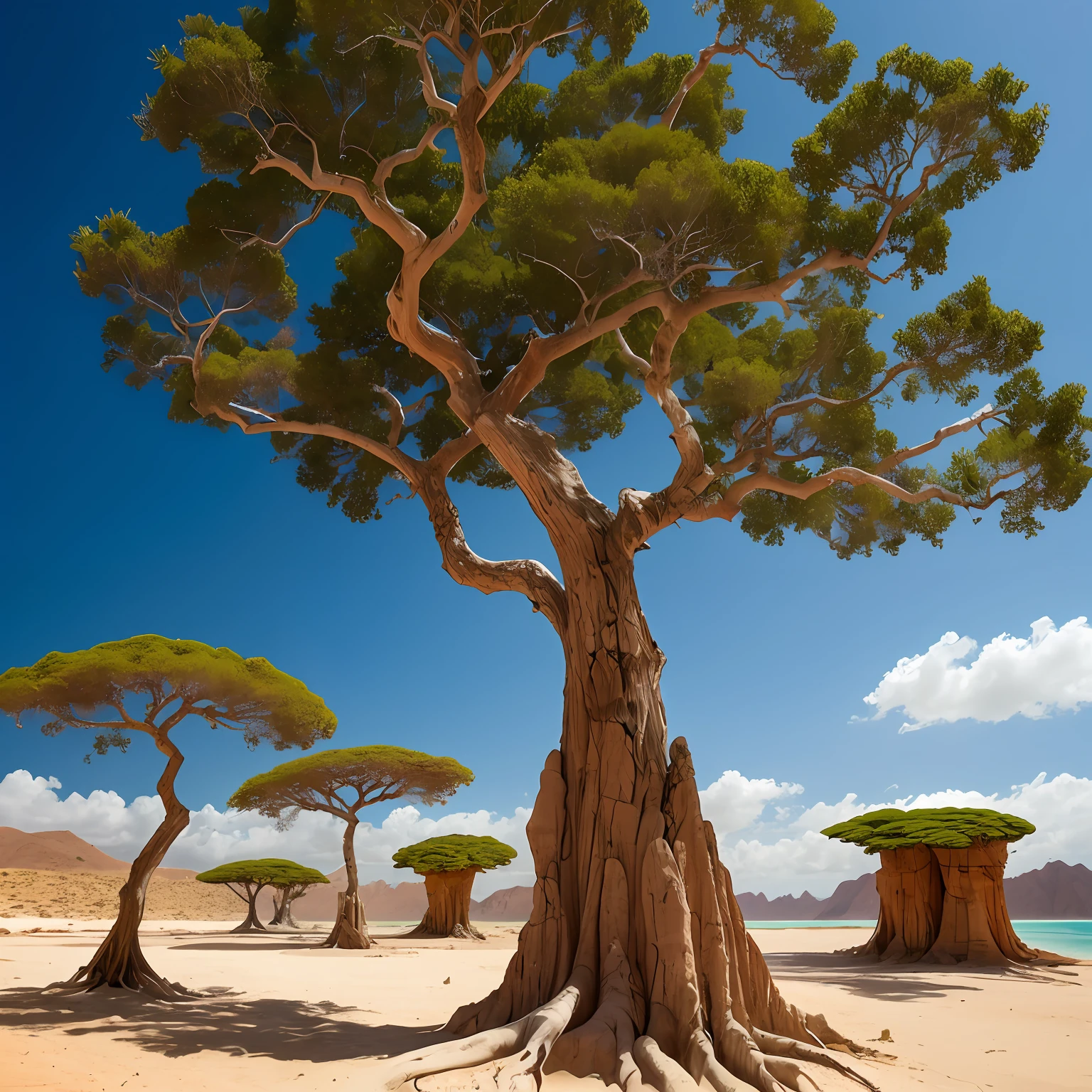 Socotra Island, Yemen: A remote island with strange and unique trees, known as "dragon's blood trees," amidst an exotic landscape.