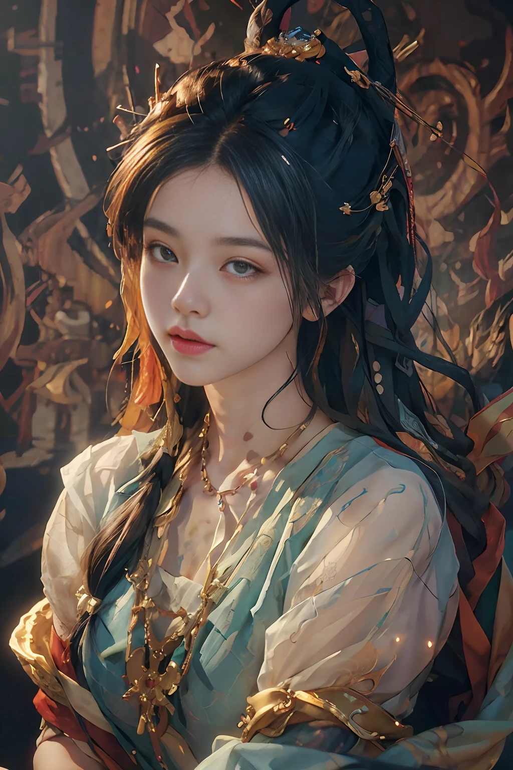 (RAW photo, best quality), (realistic, photo-realistic:1.3),best quality,highly detailed,masterpiece,ultra-detailed,illustration,1girl,upper_body,dynamic angle,world masterpiece theater,messy_long_hair,best quality,extremely detailed CG unity 8k wallpaper,ink,Amazing,cinematic lighting,lens_flare, dunhuang_style