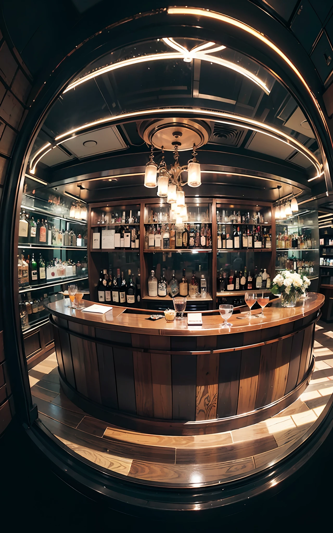 Circular image, (Masterpiece: 1.3), (Highest Quality: 1.2), (Masterpiece), High Quality, High Precision, (Landscape Only), ((Round Image)), (Fisheye)), (Luxury Luxury Nightclub Bar Counter, Neon Color: 1), From Top, (Luxury Nightclub, Stylish Liquor Shelves lined with Fine Liquors)), ((Overall Blur: 1.2))), Floating