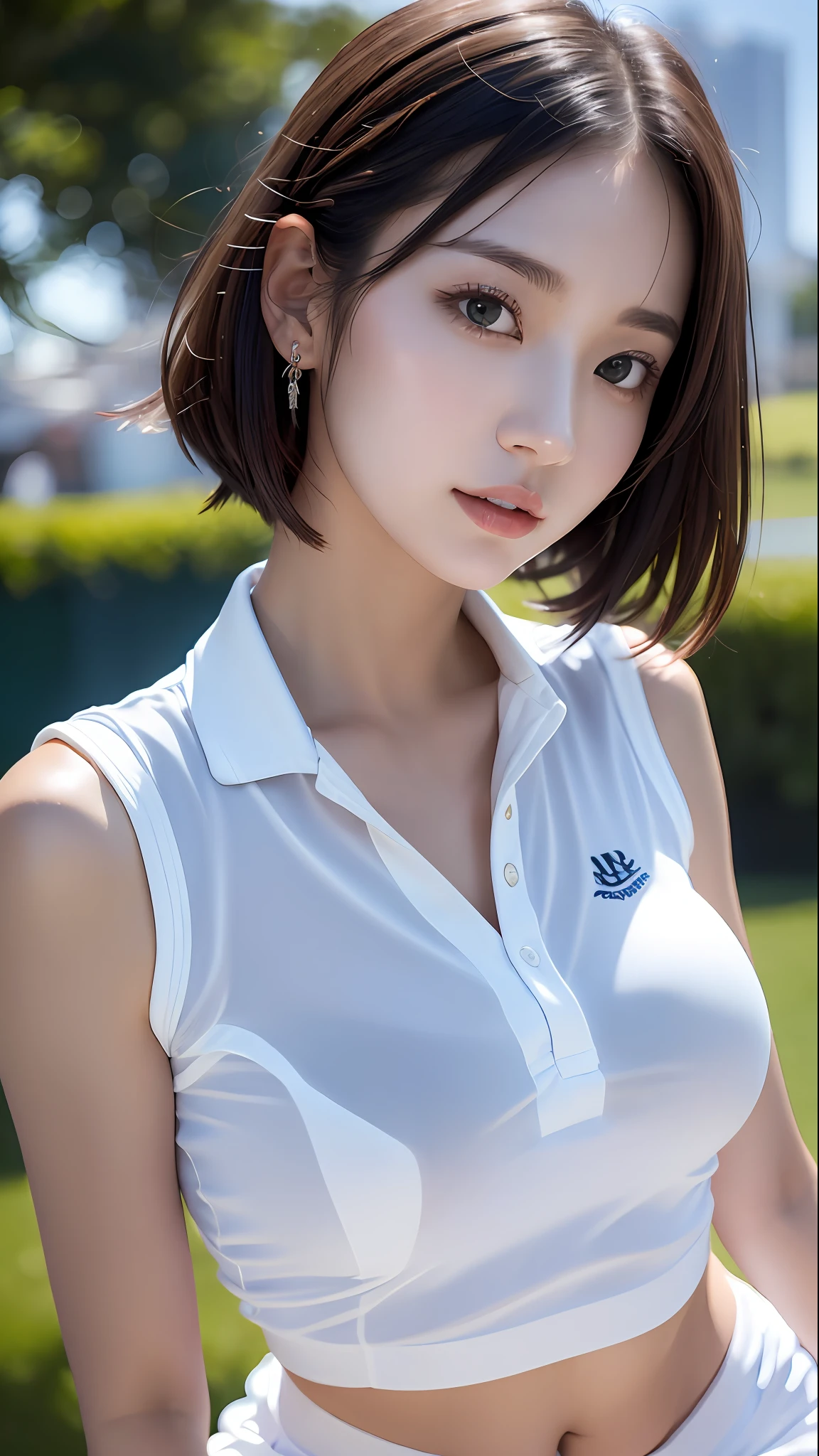 1 girl, solo, white polo shirt, white sneakers, navy blue tennis wear: 1.3, white mini skirt, masterpiece, top quality, realistic, hyper detail, (glossy, sweaty: 1.4), absurdity, camera gaze, short black hair, brown eyes, slender, dynamic lighting, high resolution, sharp focus, depth of field, detailed eyes, sharp eyes, realistic eyes, (big: 1.2) , (Thick Thighs: 1.0), Outdoor, Sky, Korean Idol, Nogizaka Idol, Gravure Idol, Actress,