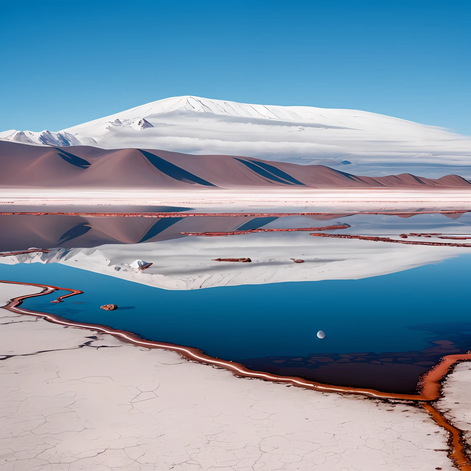 Salar de Uyuni, Bolivia: The vast and flat salt flat, creating a perfect mirrored reflection, contrasted by distant rock formations.
