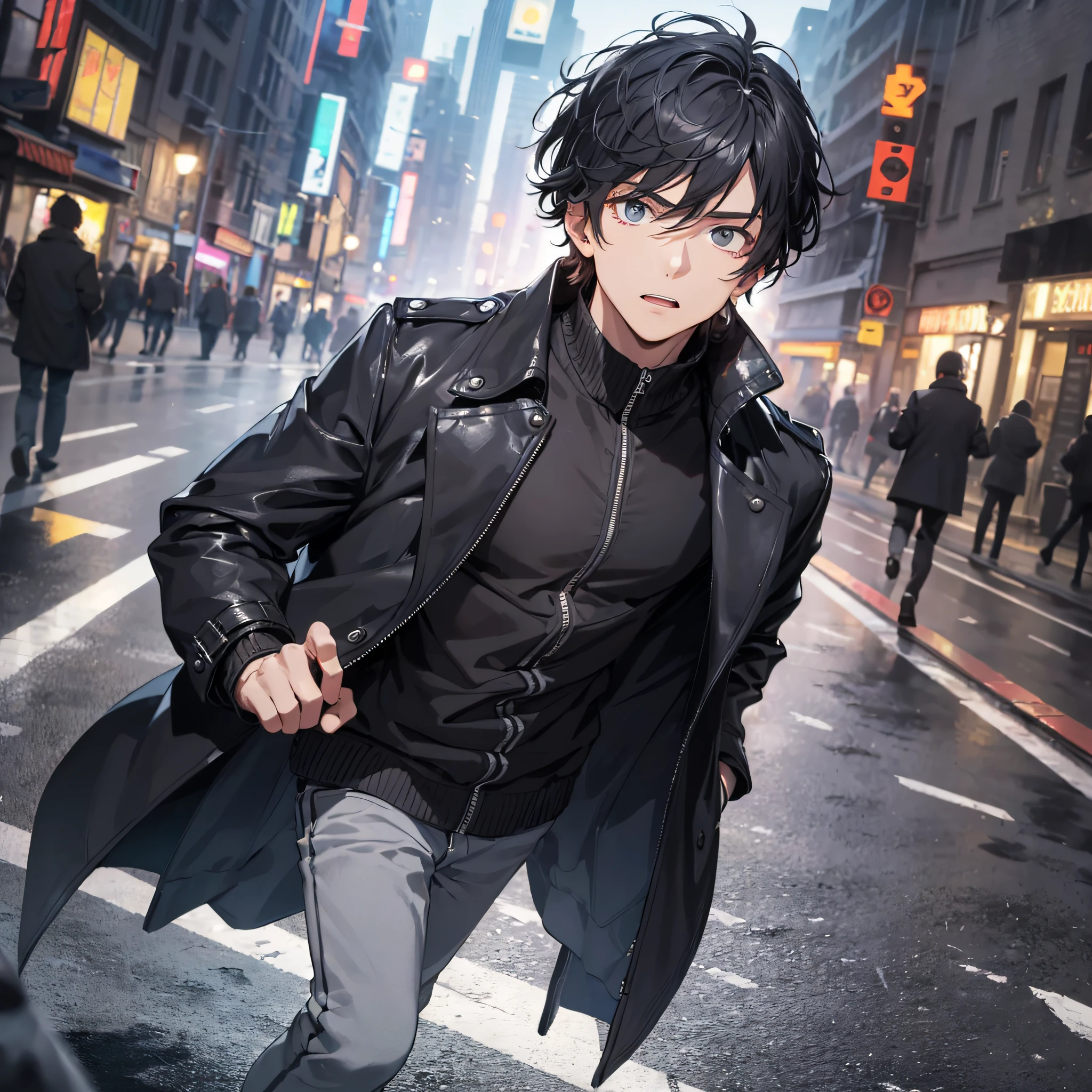 Absurd resolution, high resolution, (masterpiece: 1.4), hyperdetail, night, young man with messy short black hair, wearing a black coat, in the middle of an empty street, running, nervous and scared expression