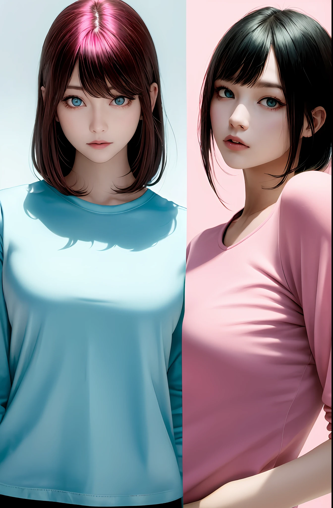 Masterpiece, (Photorealistic: 1.4), Top Quality, Beautiful Lighting, (ulzzang-6500:0.5), Makima \(Chainsaw Man\), (Bob Hair) + (Black Hair) + (Bangs), Blue Eyes, Blue Eyes, (((Ring Eyes)), (Pink Shirt), (Pink Shirt) RAW Photography, 8k UHD, Film Grain