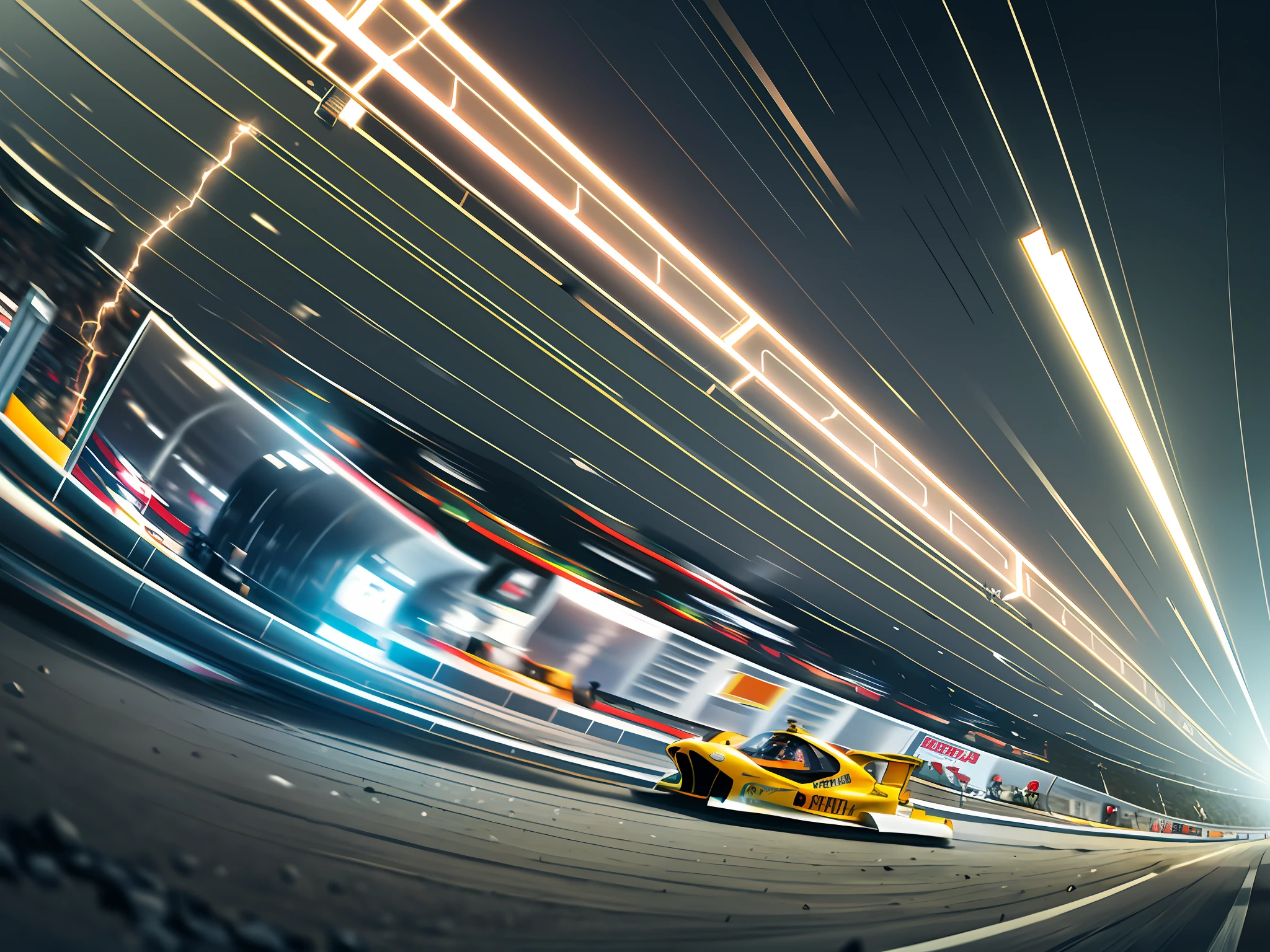 best quality, master piece,Race car, race track, speed, streamlined, winding, ups and downs, perspective, variations in thickness, flow lines, light and shadow, sense of motion, visual focus, outline, minimalism, geometric shapes, imagination,superspeed,lighting, motion blur, electricity,audience,cheer