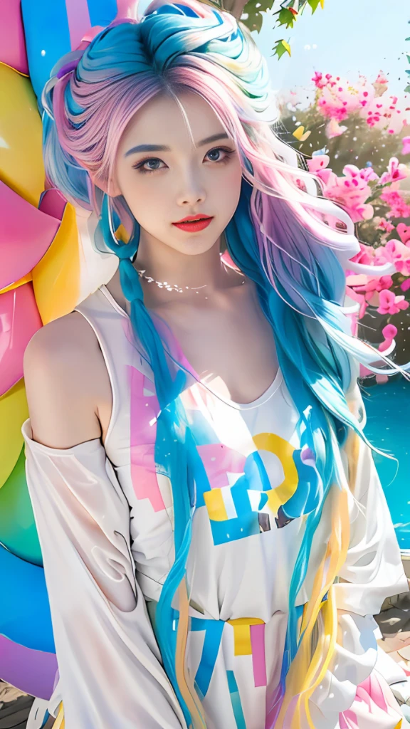 masterpiece, best quality, 1 girl, pretty and cute, (rainbow color Highlight Hair,colorful hair:1.4), wearing blue and purple sunglasses, yellow jacket with white pattern, white sweater, many colored balloons, doll face, ponytail braid, perfect detail eyes, delicate face, perfect cg, HD quality, colored balloons, sky ,black boots