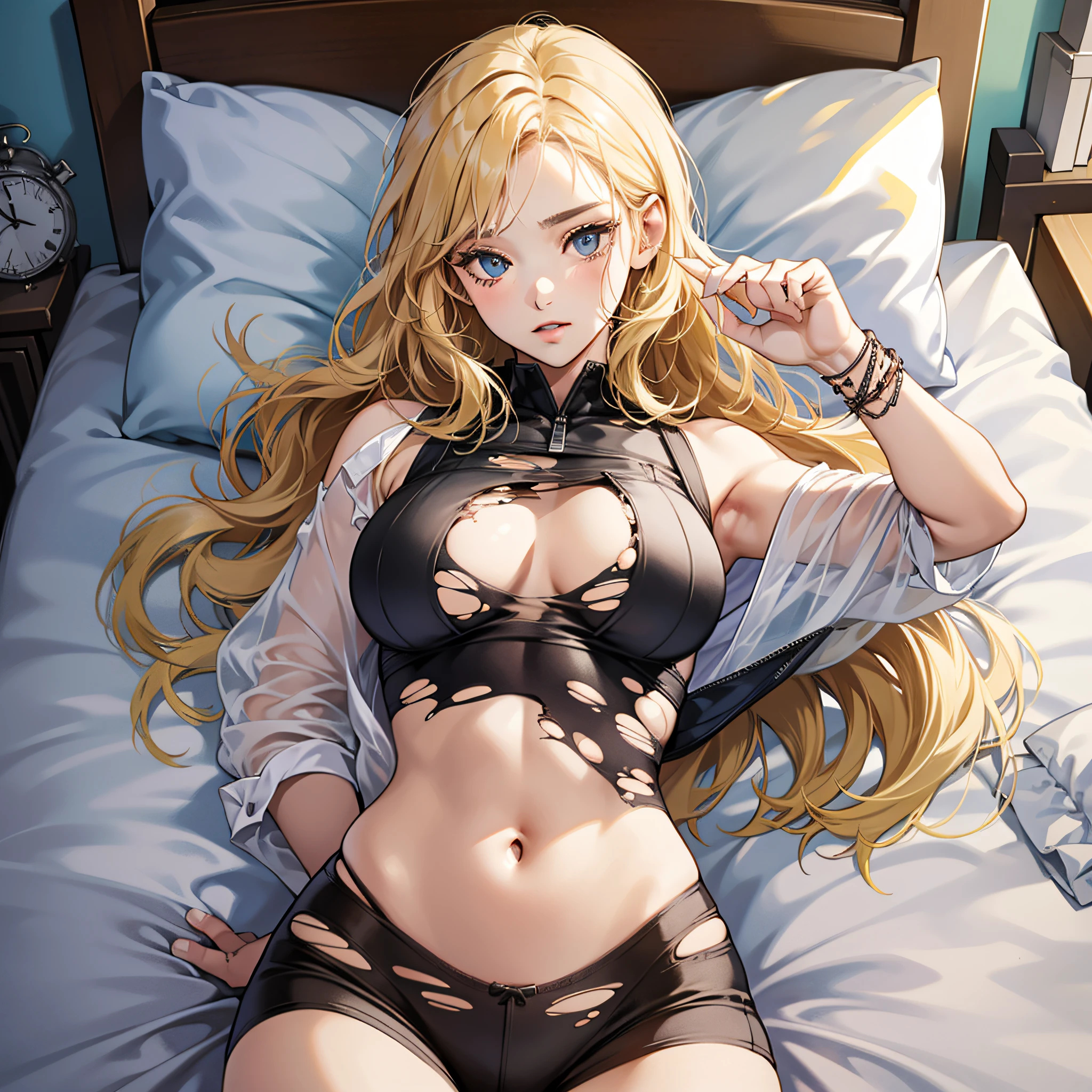 Looking here, attractive long blonde young woman, tattered and torn underwear, skin tight, soft looking big, crotch wide open, work of art, lying on bed