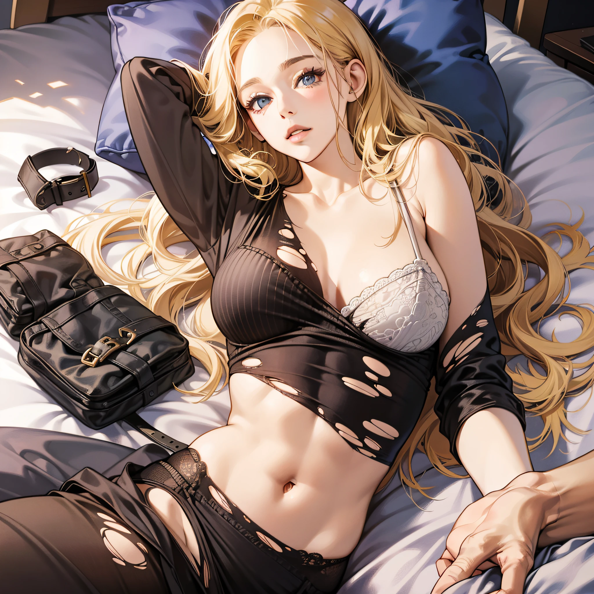 Looking here, attractive long blonde young woman, tattered and torn underwear, skin tight, soft looking big, crotch wide open, work of art, lying on bed