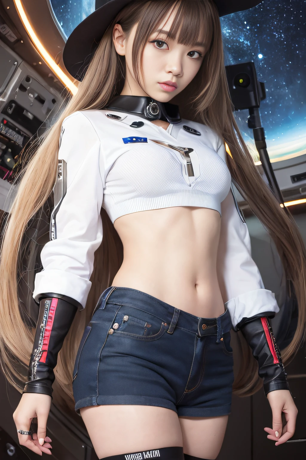 best quality, masterpiece, detailed, perfect anatomy, japanese cyborg girl with long hair in space, robot, cowboy shot, reverse, black ring, glowing, glowing eyes, (official art), shortstackBT, norm pika, white shirt, close up, 1girl, ((making clothes)), best quality, bangs, wearing a catholic school uniform, walking, 32k, focus, love scene,