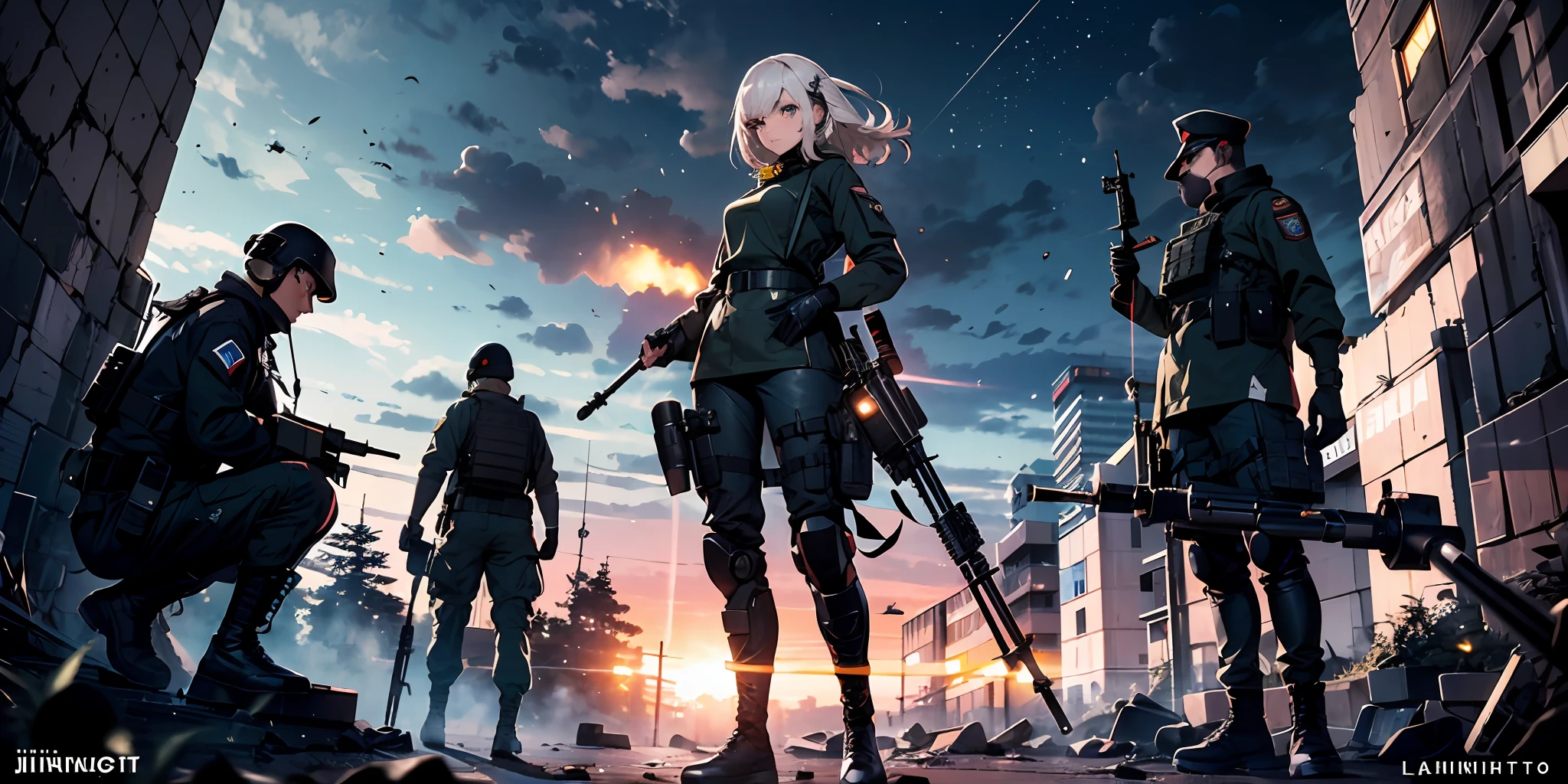 {{Masterpiece, top quality, highly detailed CG, 16K, movie lighting, lens flare}}, (Lahti L-39 anti-tank gun), (girl soldier vs giant military robot aiming with anti-tank gun), (wide view), thick body, Photorealistic: 1.4, long blond hair, green eyes, have multiple weapons, aim, (Lahti L-39 anti-tank gun), direct light, Shot at 35mm depth of field on rubble, f/1.8, night footage, ((Shinjuku at night where five fully equipped special forces SWAT protect women)), (sniping with an anti-tank rifle), (from side), HDR, hyper detailed, the remains of a giant robot, (wide angle lens), a robot destroyed and its internal structure exposed, dynamic composition,