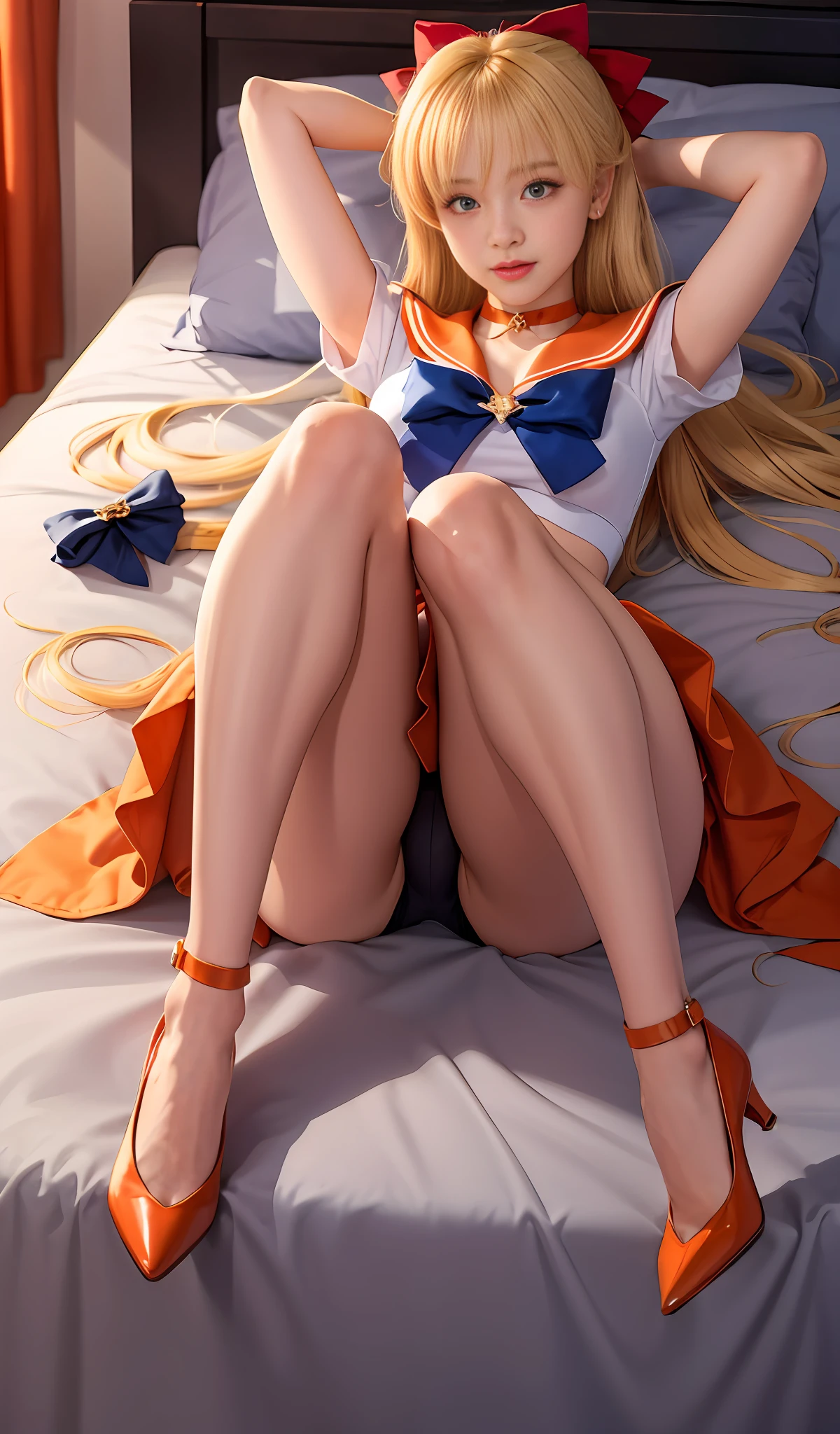 Masterpiece, Best Quality, High Resolution, Venus1, 1Girl, Solo, Sailor Warrior Uniform, Sailor Venus, Minako Aino, Blonde, Magical Girl, Blue Eyes, Orange Skirt, Headdress, Pleated Skirt, Bow, Orange Sailor Collar, Mini Skirt, Choker, Red Bow, Orange Choker, Extra Long Hair, Jewelry, Earrings, Lying in Bed, Legs Apart, Hands Behind Head, Plump Camel Toes, Black Panties, Orange High Heels, Lace Panties, Clear Underwear Panties