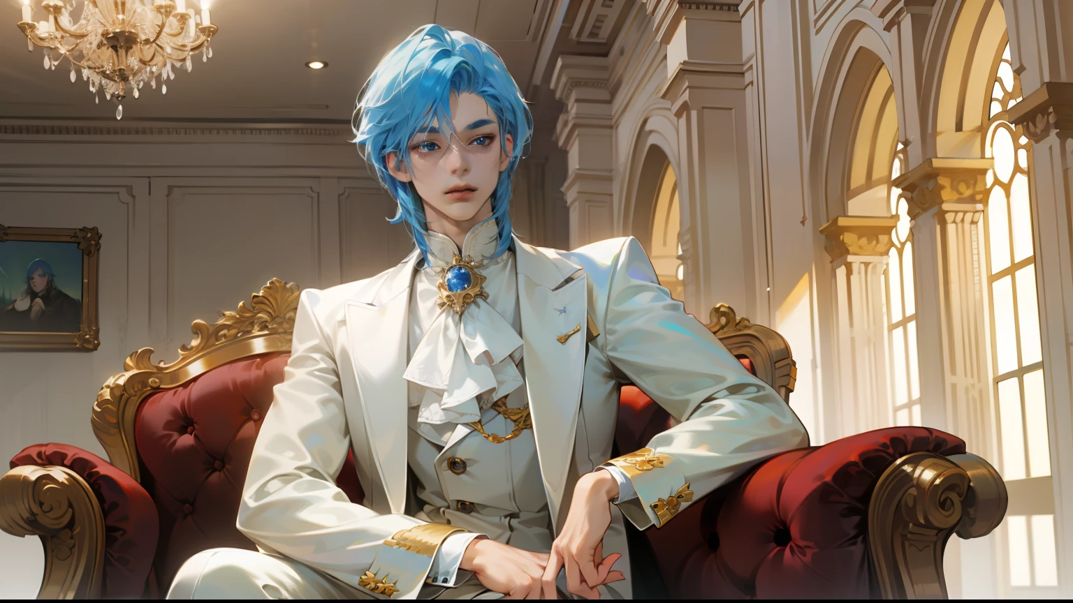 A boy in a white suit with short and pale blue hair, blue eyes and jewel eyes. He is sitting on a sofa in a luxurious Western-style room. (There are luxurious furnishings in the background) and add an aurora luster to your jacket.