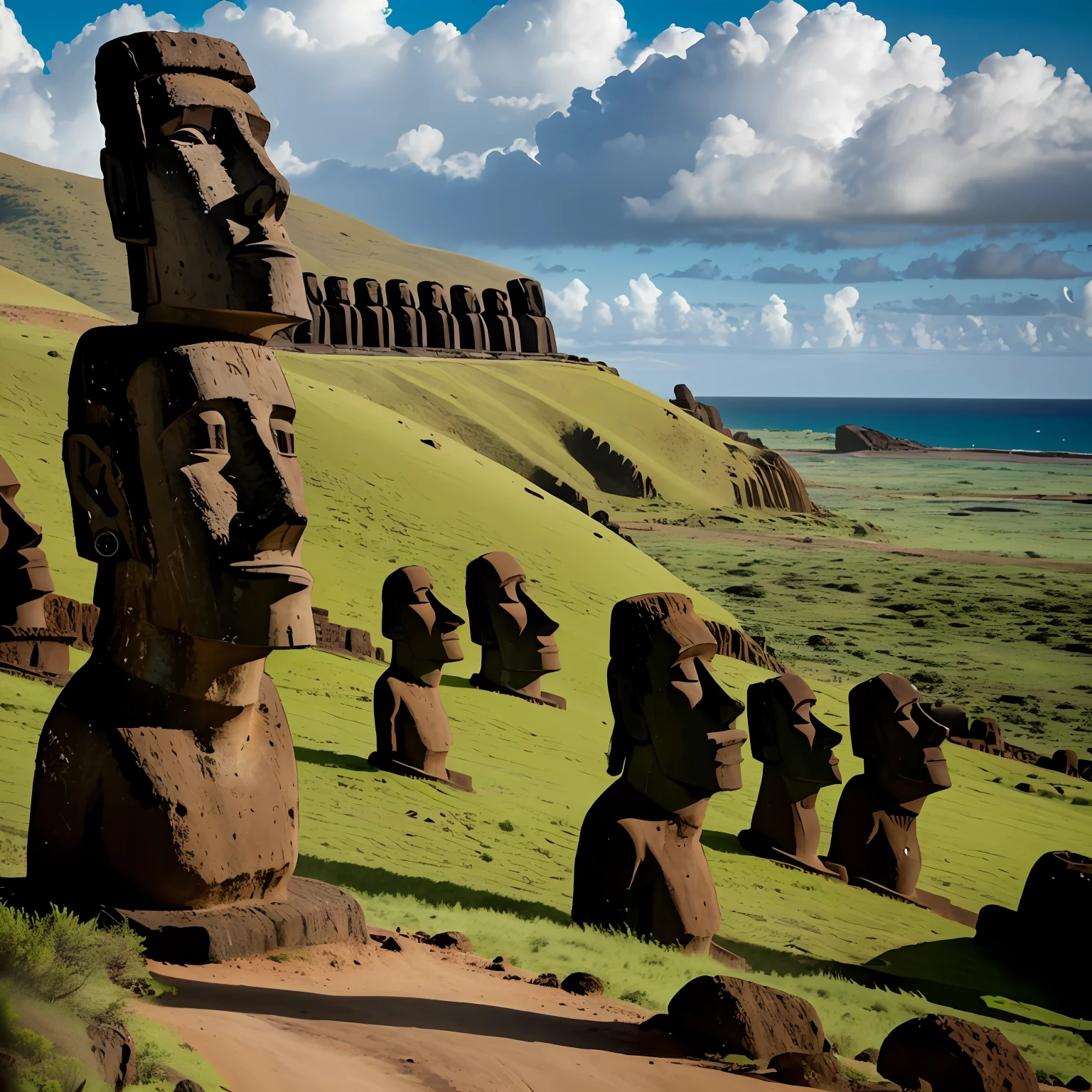 Easter Island, Chile: The mysterious island with the giant stone statues, called Moais, amidst a remote and secluded landscape.