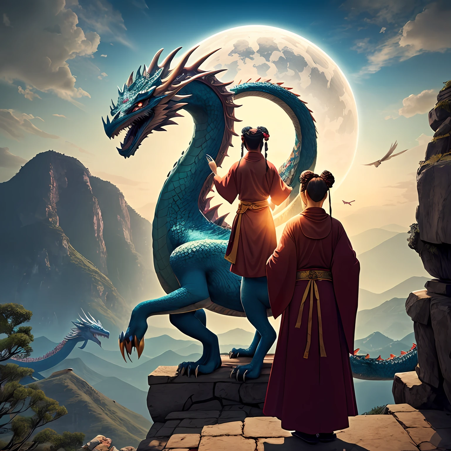 The Taoist priestess in a temple, with two majestic dragons in the sky.