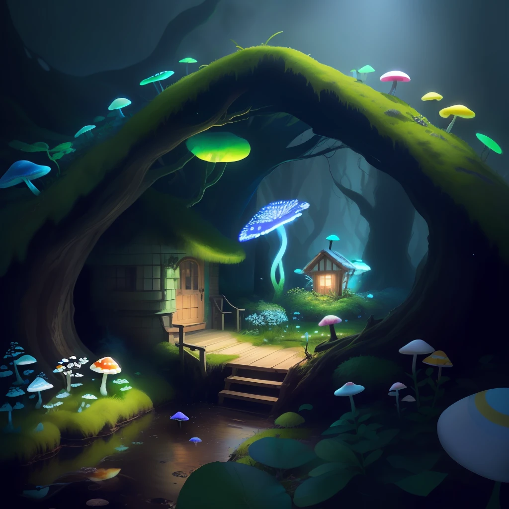 The colorful mushrooms growing in the moss bushes, some emitting green light, others emitting blue light, and the spores float in the air and scatter everywhere