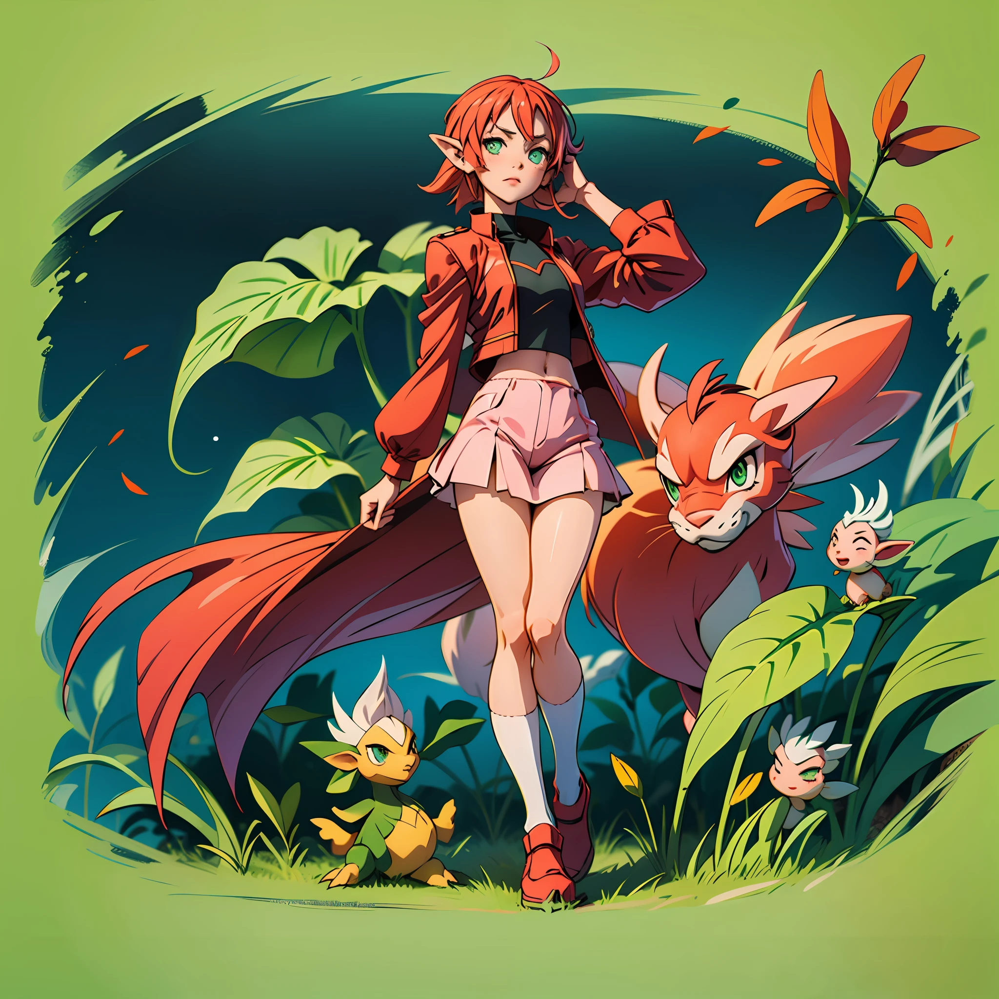 An anime girl, leafa (SAO), aged 16, small breasts and developing body (pink pkmn), green eyes and red hair (leafa SAO), with an elven appearance, drawn full body
