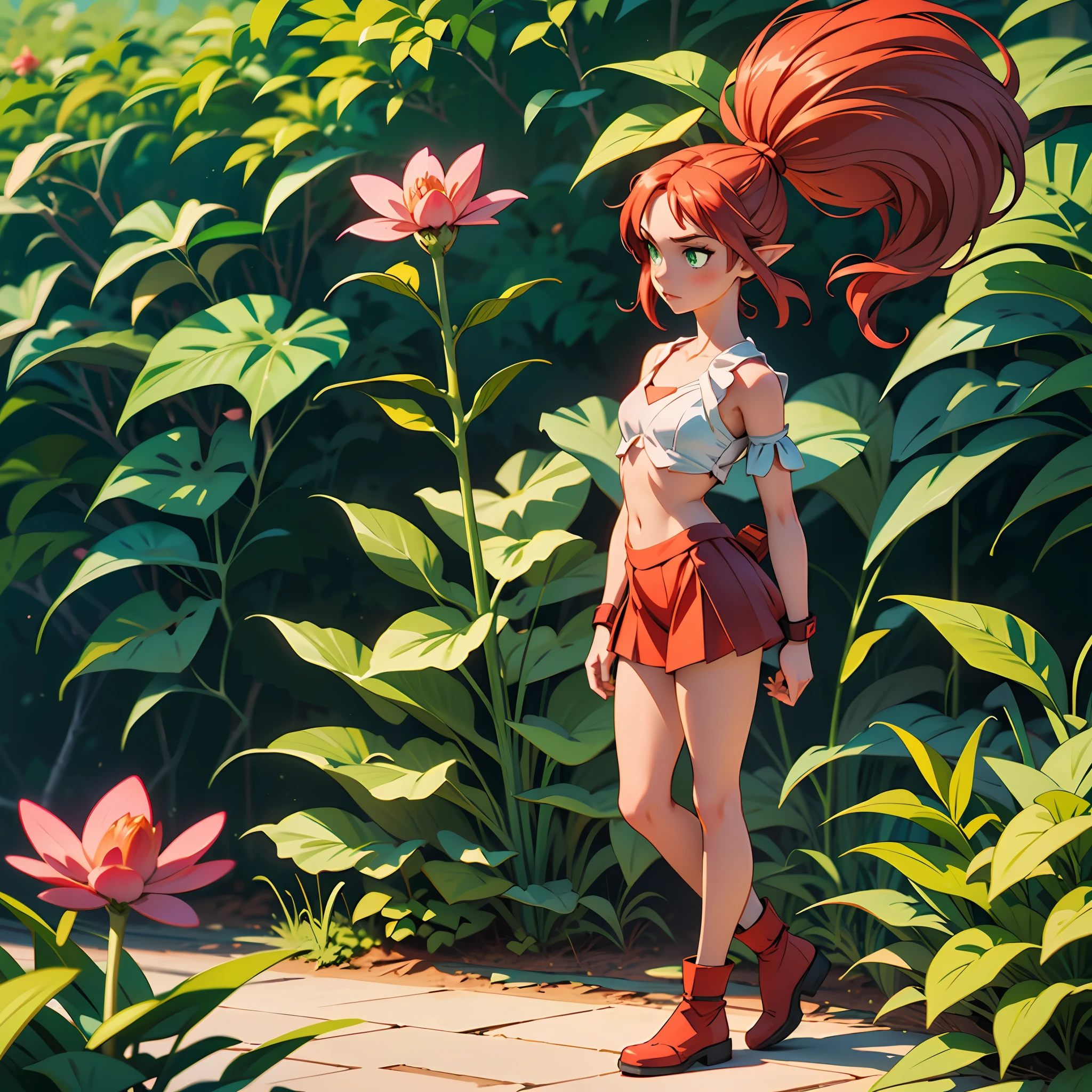 An anime girl, leafa (SAO), aged 16, small breasts and developing body (pink pkmn), green eyes and red hair (leafa SAO), with an elven appearance, drawn full body