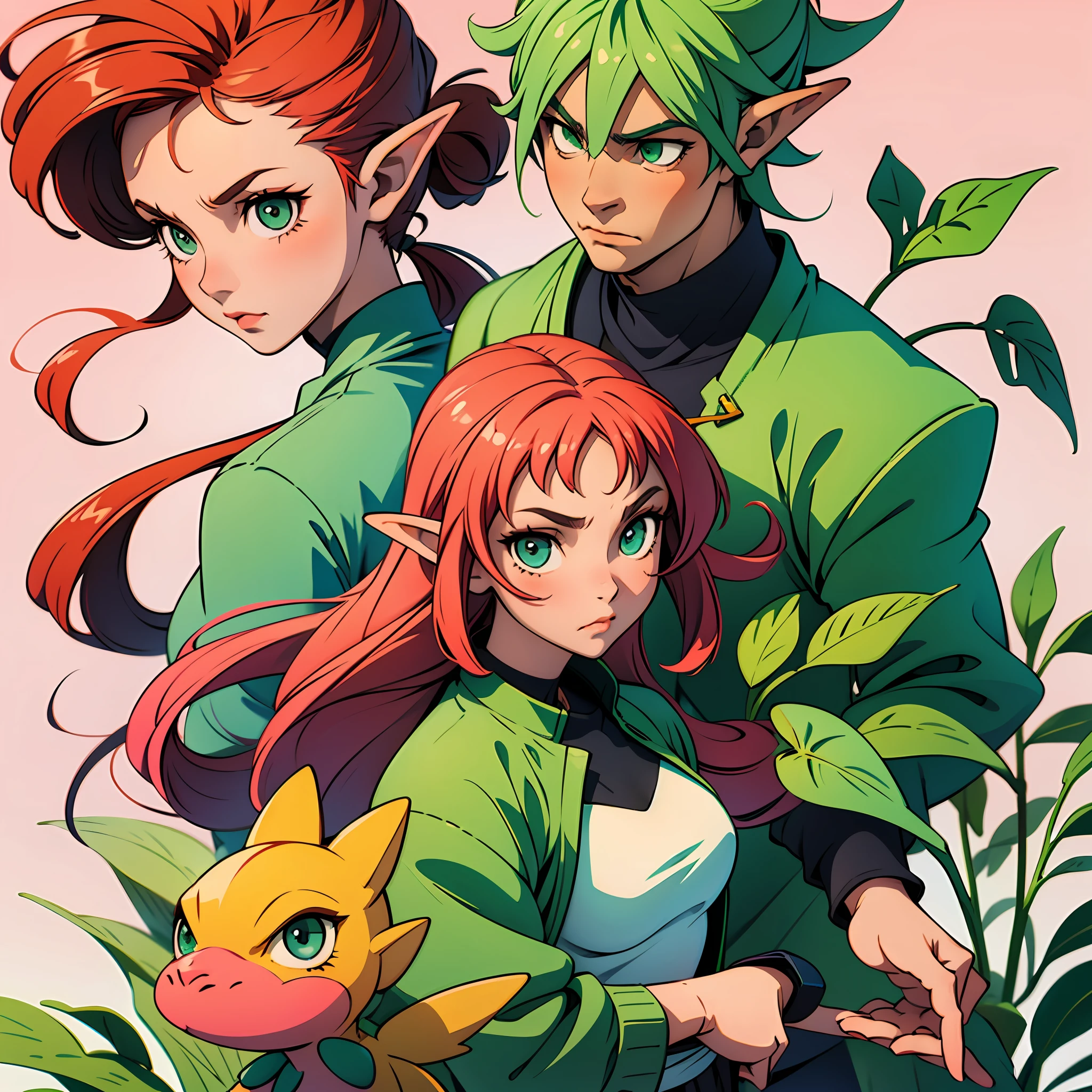 An anime girl, leafa (SAO), aged 16, small breasts and developing body (pink pkmn), green eyes and red hair (leafa SAO), with an elven appearance, drawn full body