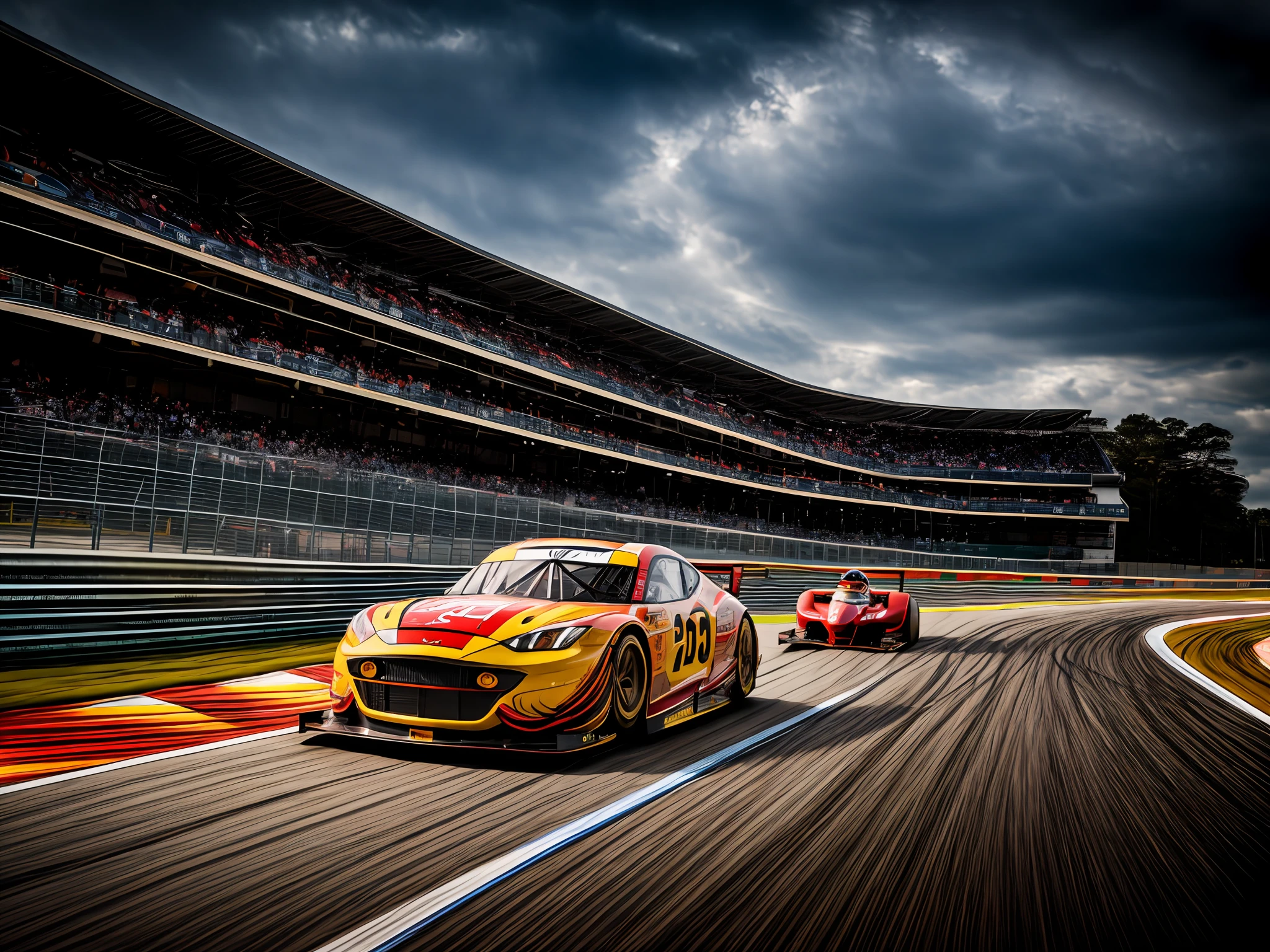 best quality, master piece,Race car, race track, speed, streamlined, winding, ups and downs, perspective, variations in thickness, flow lines, light and shadow, sense of motion, visual focus, outline, minimalism, geometric shapes, imagination,superspeed,lighting, motion blur, electricity,audience,cheer