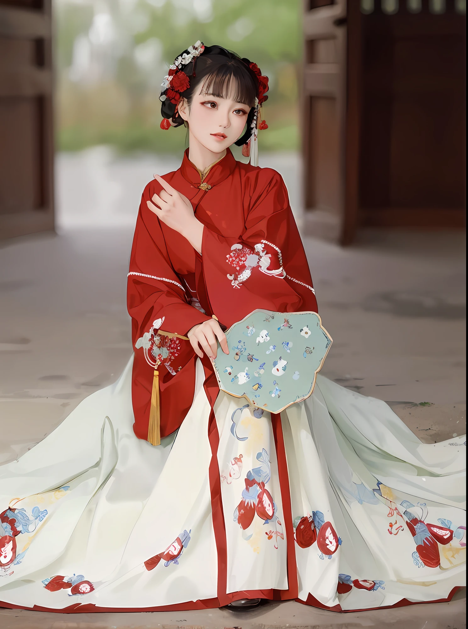 araffe woman in a red and white dress with a fan, hanfu, palace , a girl in hanfu, traditional chinese clothing, white hanfu, wearing ancient chinese clothes, with acient chinese clothes, traditional chinese, chinese dress, chinese costume, chinese style, red kimono with flower patterns, traditional beauty, traditional clothing, traditional clothes, japanese clothes