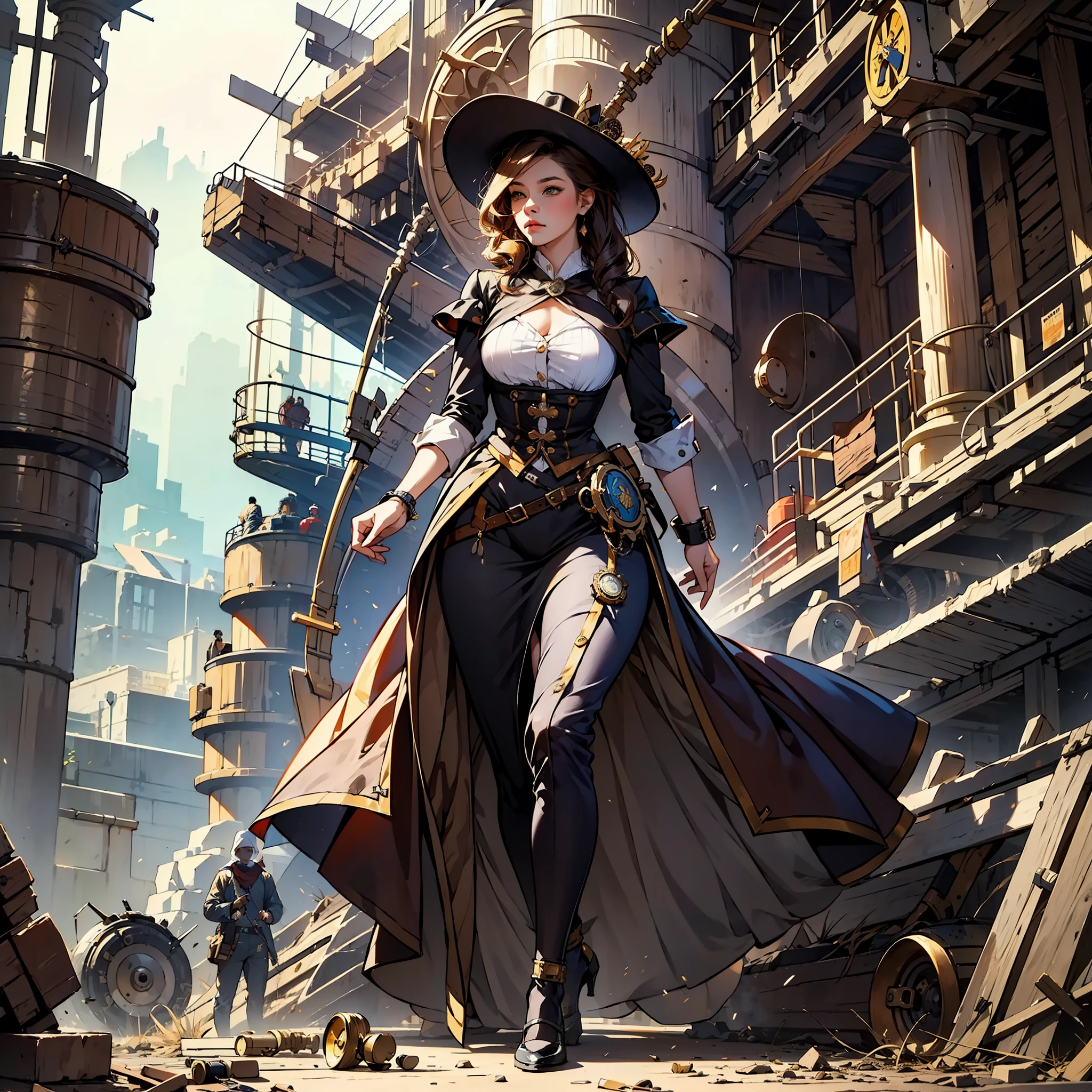 cuclillas,woman rummaging through a mechanical scrap,steampunk clothes,intricade insane detail clothes,ultra realistic 8k cg, picture-perfect face, flawless, clean, masterpiece, professional artwork, famous artwork, solo,extremely detailed, beautifully detailed steampunk airship background,depth of field,full body, normals hair colors,