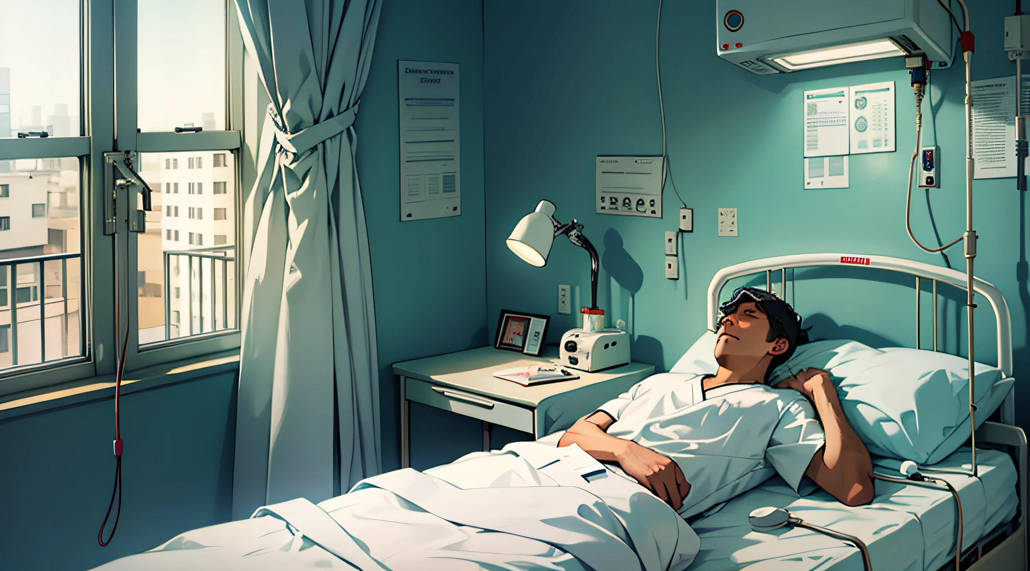 A man lying on a hospital bed, a sick man lying on a hospital bed, a hospital bed, a white hospital bed