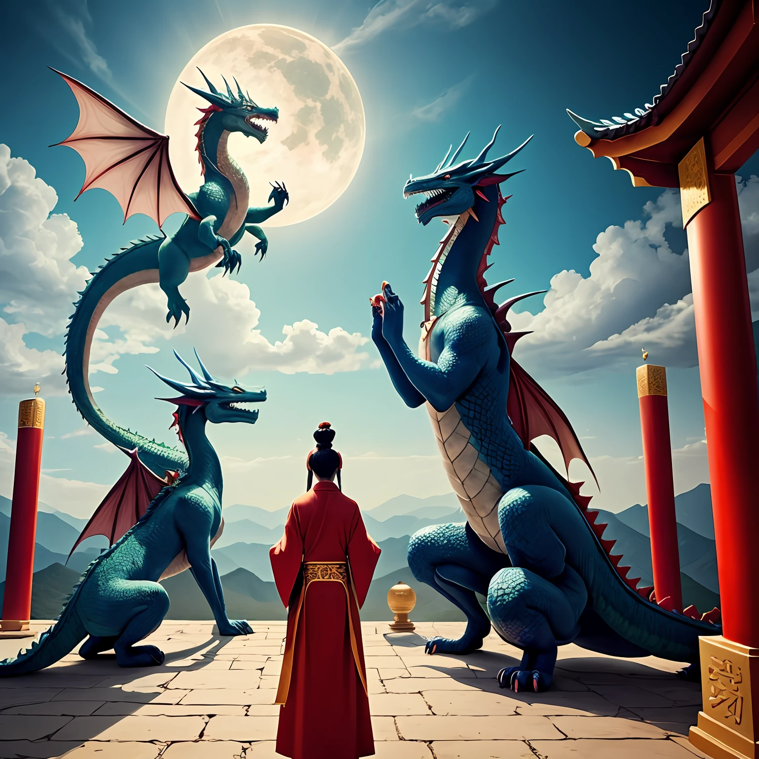 The Taoist priestess in a temple, with two majestic dragons in the sky.
