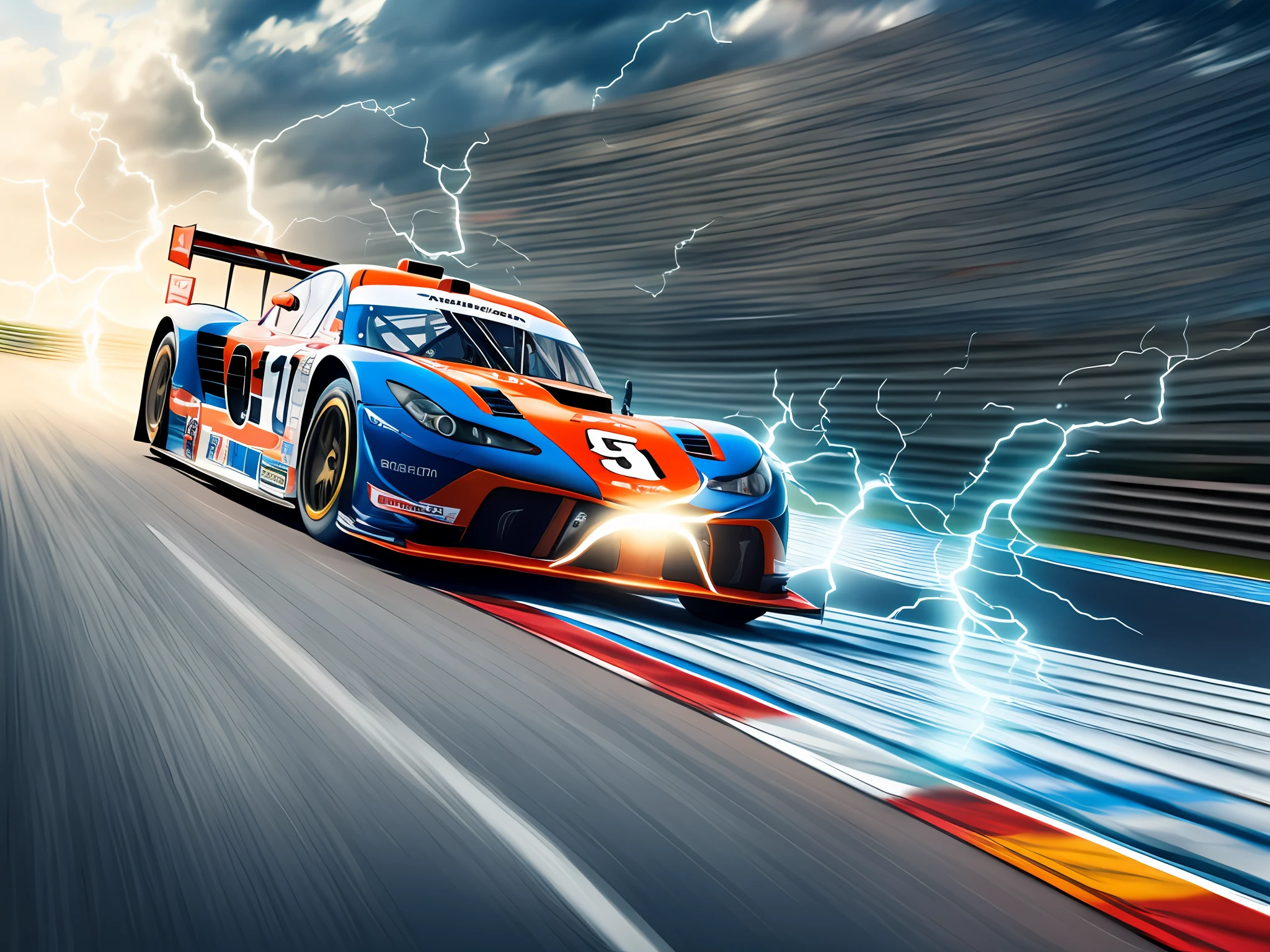 best quality, master piece，Race car, race track, speed, streamlined, winding, ups and downs, perspective, variations in thickness, flow lines, light and shadow, sense of motion, visual focus, outline, minimalism, geometric shapes, imagination,superspeed,lighting, motion blur, electricity,audience,cheer