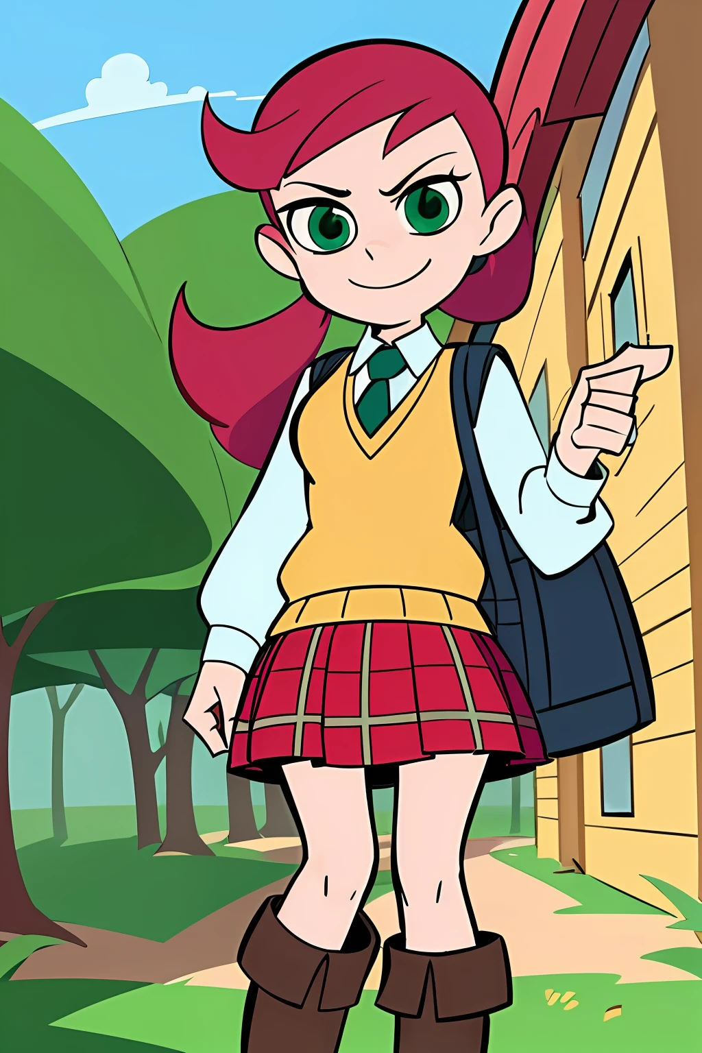 (cartoon), light smile, Schoolgirl attire, white blouse with yellow sweater vest, green striped tie, red plaid skirt and black boots with white buckles, forest green eyes and ashy hair in a twin ponytail, (style of Gravity Falls)