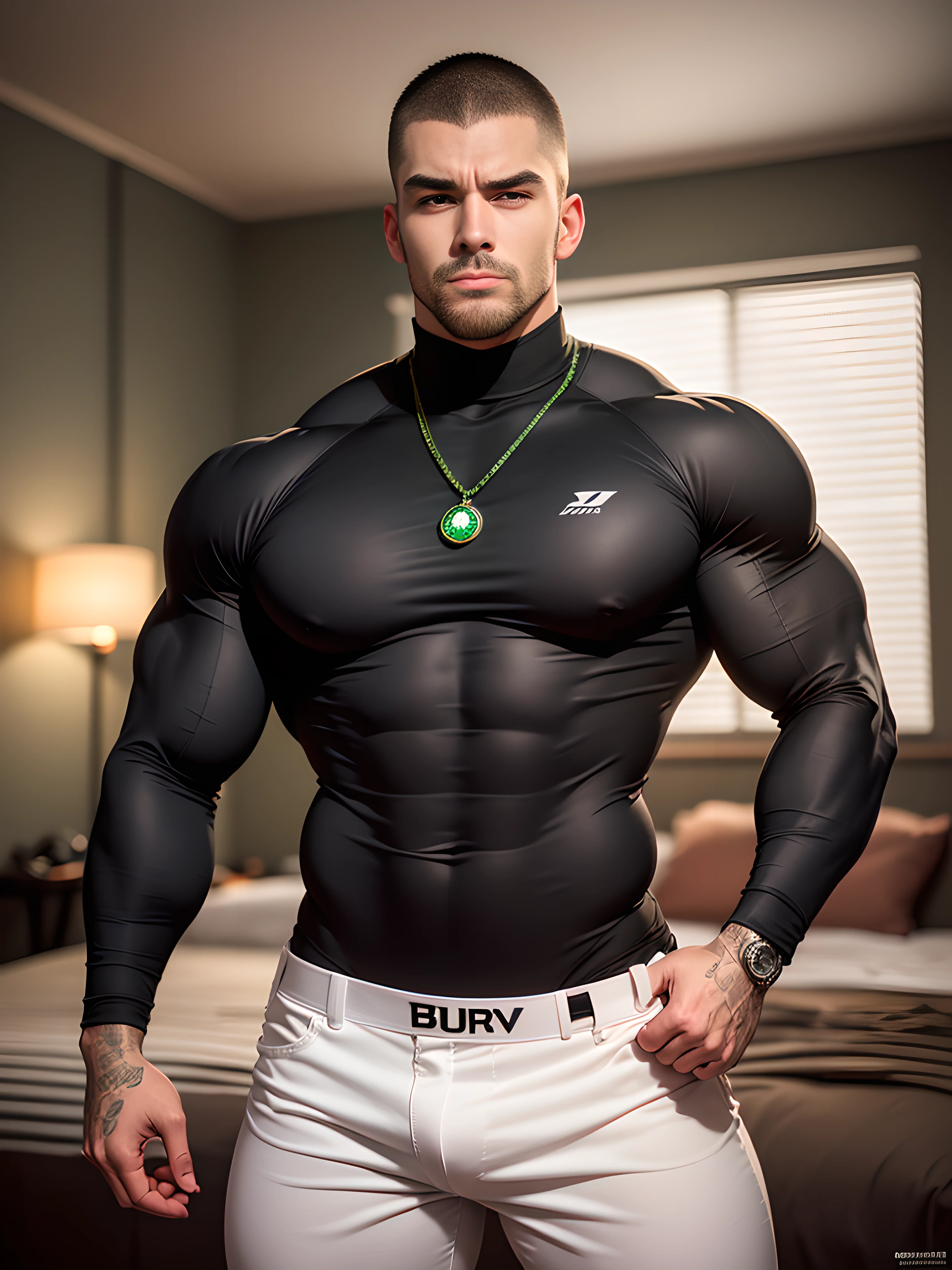 Character design (open mouth muscle special soldier, Buzz Cut, national character face, tough guy) wearing a long-sleeved dark black high-neck stretch tight T-shirt, thickened and warm security uniform, standing in a luxurious bedroom, looking intoxicated and enjoyed, eyes slightly narrowed, mouth open into an O-shape, expression enjoyment, deep and charming eyes, emerald pupils, he is tall, burly, muscular! Sexy charming muscular leg muscles, tall burly, dark black long sleeve stretch turtleneck skinny T-shirt, super gain and cool, high resolution commission, white sneakers, warm lights on the body, camouflage pants, expression mesmerized enjoyment