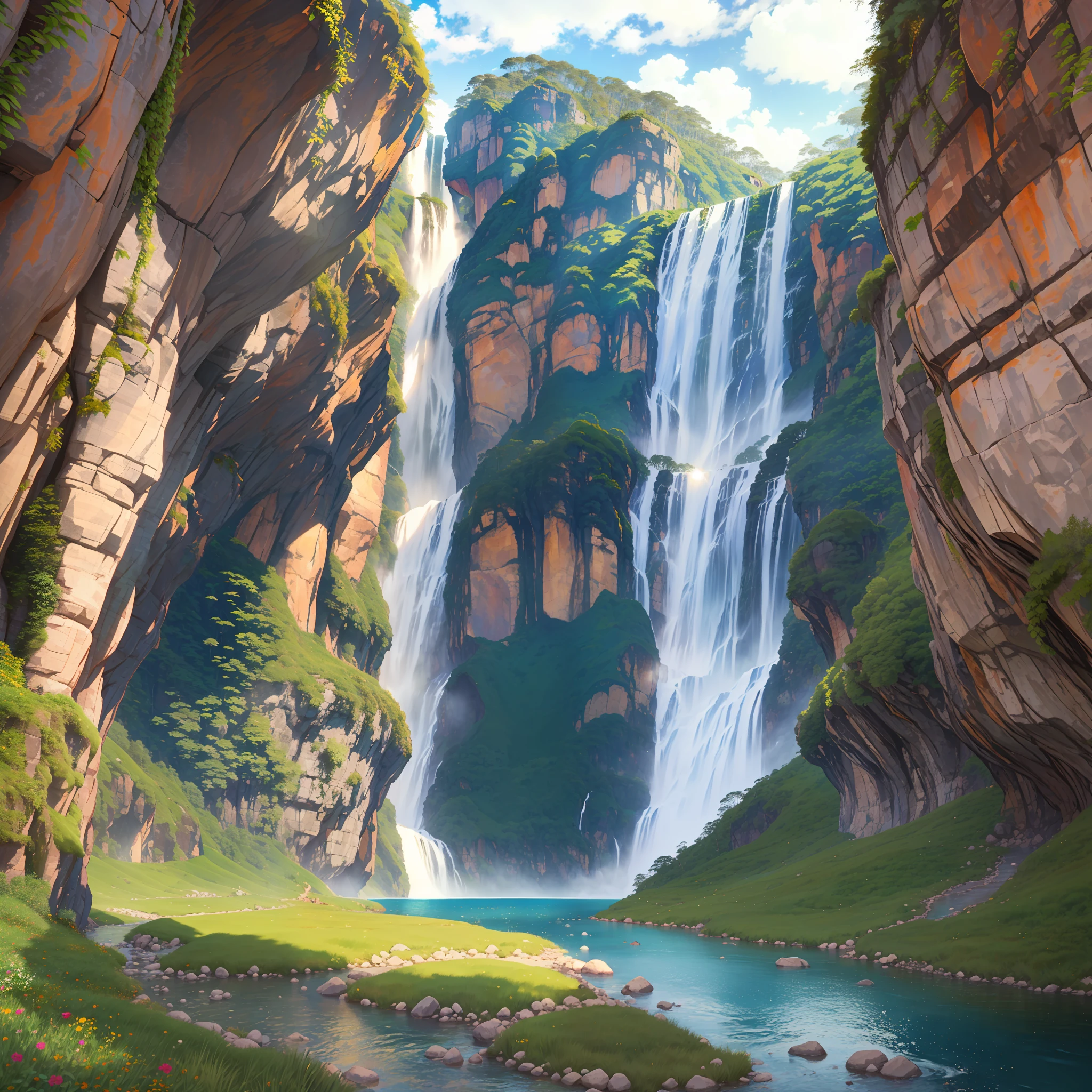Wide space, homeland, blue mountains, white clouds, waterfall in mountain, river, Disney, cartoon, background, animation, beautiful place, hills, green grass
