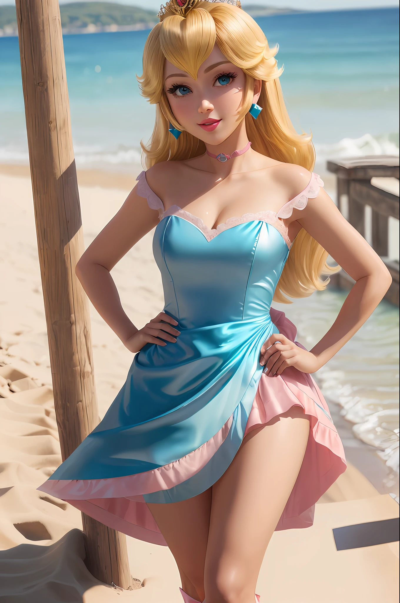 Bath towel. tall, masterpiece, perfect lighting, blooming, cinematic lighting, adult, perfect skin, woman, ((cowboy photo)), hand on hip, smile, narrow waist, skinny, (PrincessPeach), (Princess Peach), (pink dress: 1.2), choker, detailed eyes, blue eyes, choker, sensual, beach boardwalk, pink lips, ((shiny lips)), pursed lips, pink pumps, shiny skin, oily skin, beautiful light, (day: 1.3),  bright