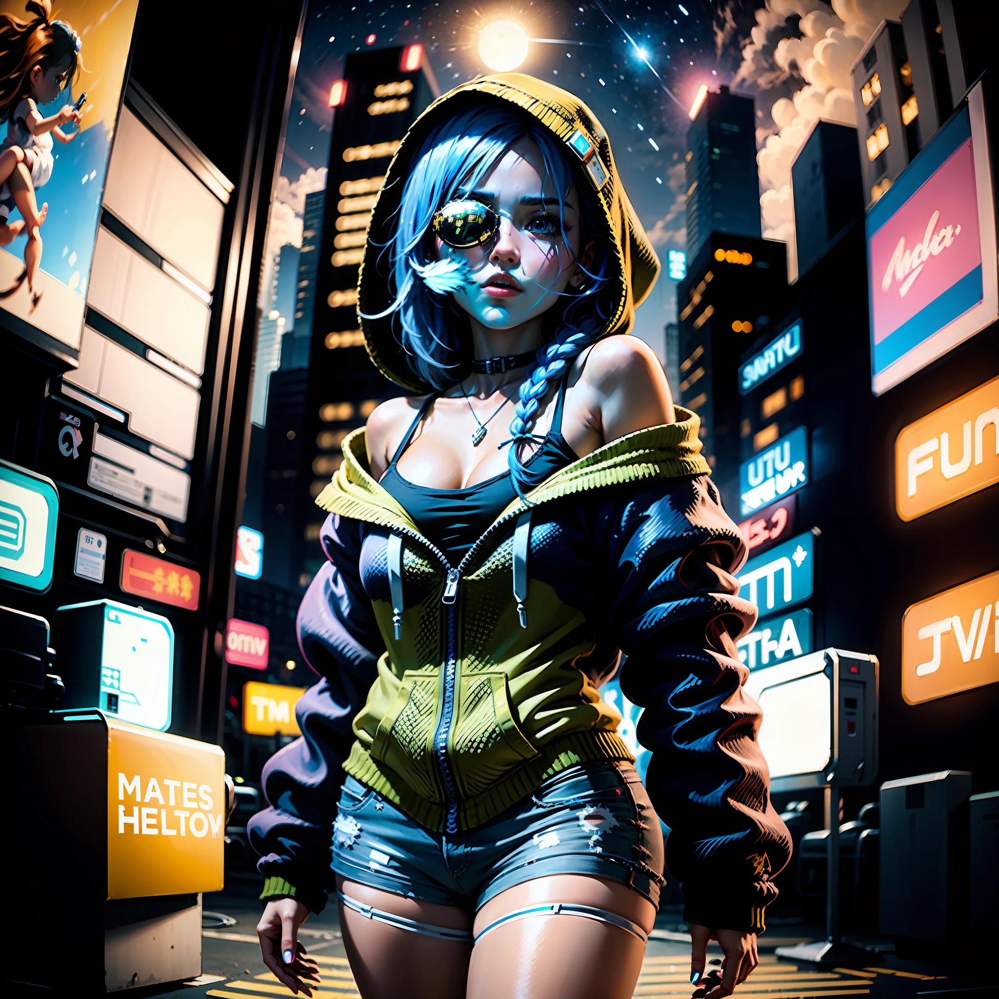 (masterpiece), best quality, ultra high res,little girl, cyberpunk 1girl flying above stunning cityscape ,hoodie,blue hair, neon color shooting stars, very long hair, off shoulder, feather hair ornament, neon colors, flashes, stunning night sky, cinematic lighting, photorealistic, realistic skin, HDR,fisheye