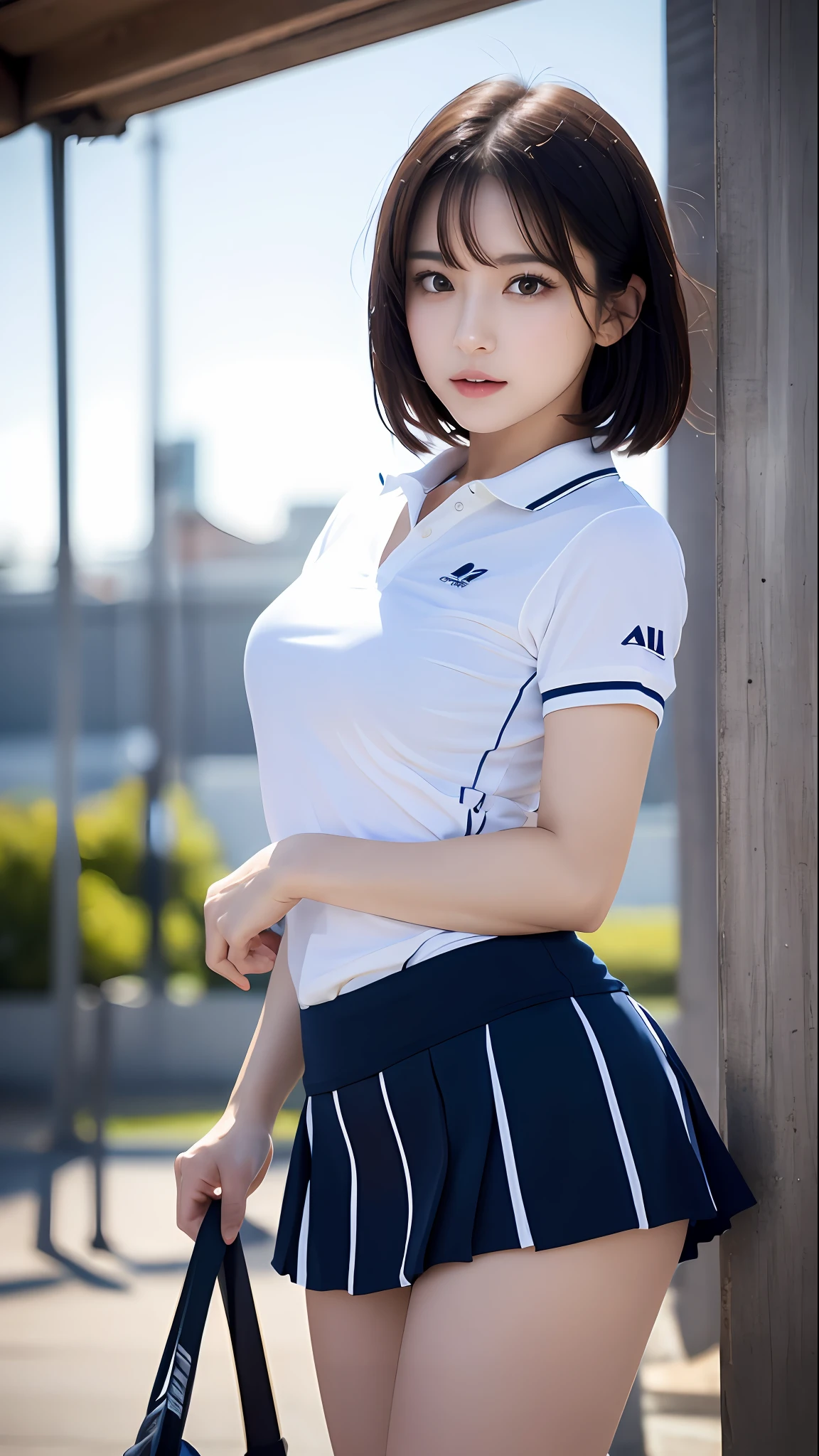 1 girl, solo, white polo shirt, white sneakers, navy blue tennis wear: 1.3, white mini skirt, masterpiece, top quality, realistic, hyper detail, (glossy, sweaty: 1.4), absurdity, camera gaze, short black hair, brown eyes, slender, dynamic lighting, high resolution, sharp focus, depth of field, detailed eyes, sharp eyes, realistic eyes, (big: 1.2) , (Thick Thighs: 1.0), Outdoor, Sky, Korean Idol, Nogizaka Idol, Gravure Idol, Actress,
