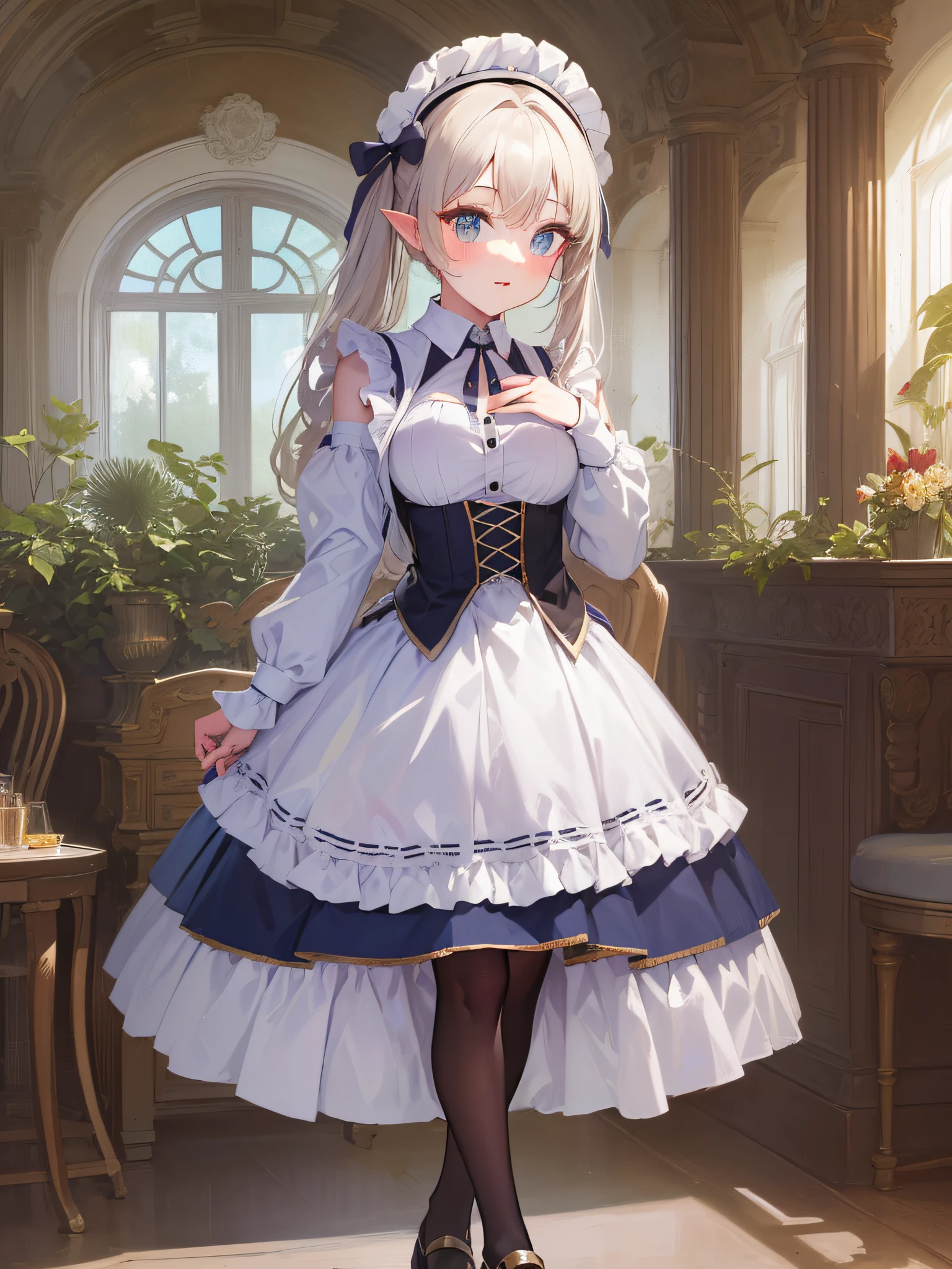 Elf, Girl, Solo, Full Body, Platinum Blonde,Twin Tails, Blue Eyes, With Funny Expression, Standing, One Hand on Side Table, 
Maid dress in solid black long dress (long sleeves, puff sleeves, white cuffs, black buttons on cuffs, white collar, skirt to heel), 
white long apron dress (apron with breastplate, length to hem of skirt, shoulder straps, white lace ruffles at shoulder straps, large ribbon knot at the back), 
Red Ascot Thai, 
head headband with white lace ruffles, 
white stockings,
white panniers (lace hem of panniers), 
black enamel shoes (low heel, front strap),
Mucha style background