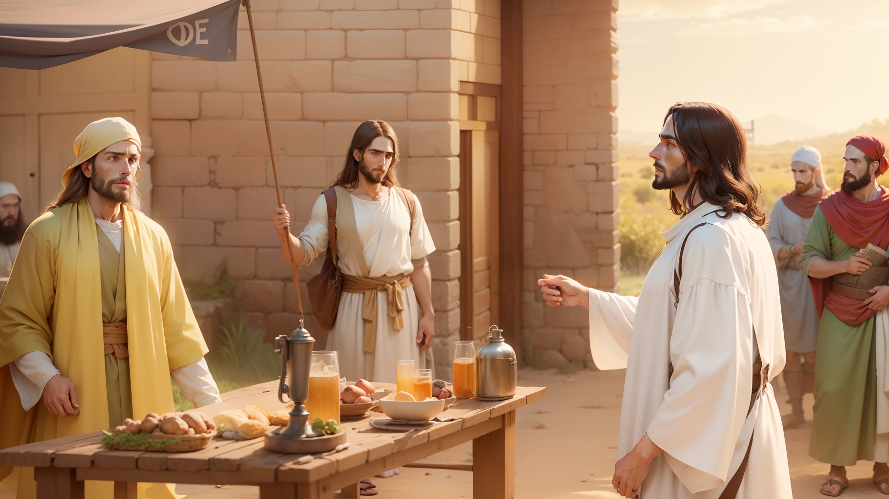 Jesus and mafeus, biblical illustration, epic biblical representation, super realistic image, cinematic lighting, beautiful representation, realistic, 4k, hdr