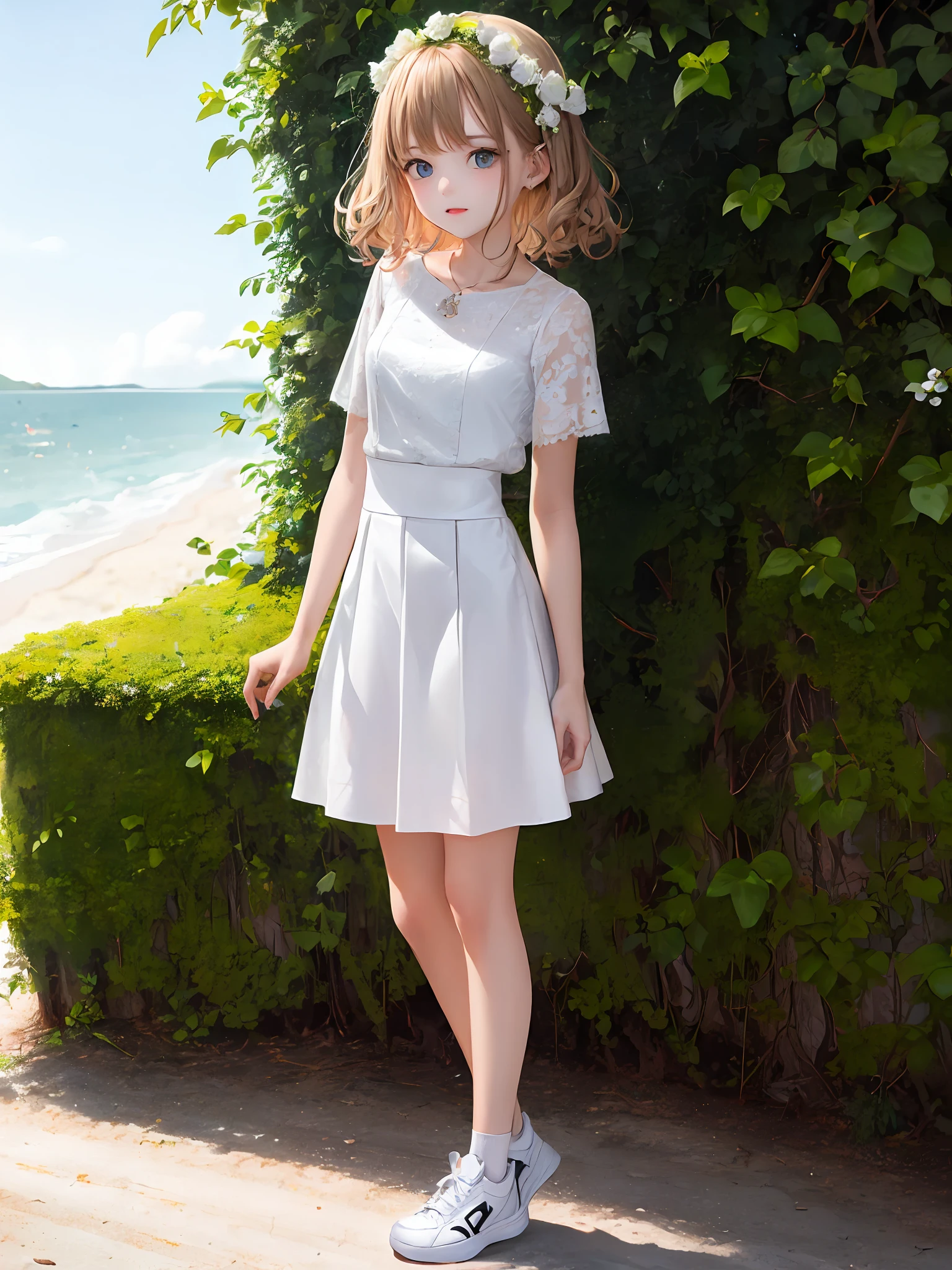 1girl, (masterpiece:1.1), (best quality:1.1), (white blouse:1.1), BREAK [blue:pink:0.5] theme, cowboy shot, full body, sideways view, looking at the audience, break flaxen hair, curly hair, delicate facial features, blue eyes, flowers on the head, white top, white skirt, white sneakers, standing, beach, selling cute