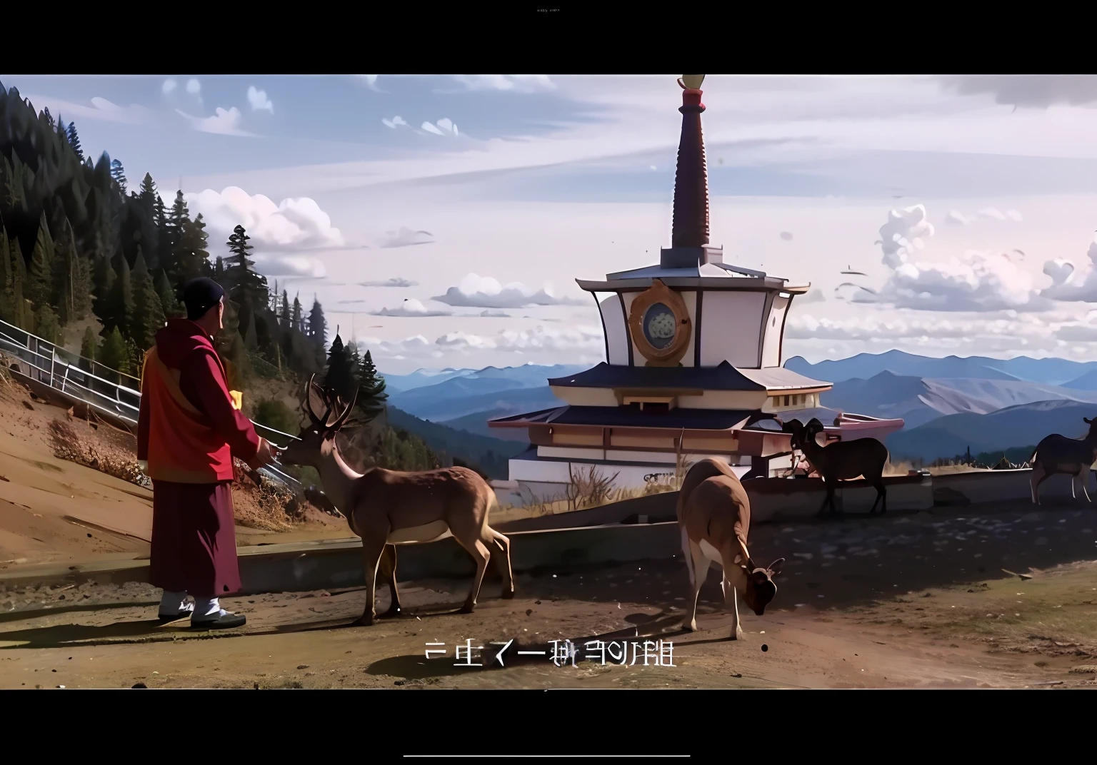 Tibetan monks feed one deer while another grazes with their heads bowed, with blue sky, mountains, clouds and a minaret with a special Tibetan in the background