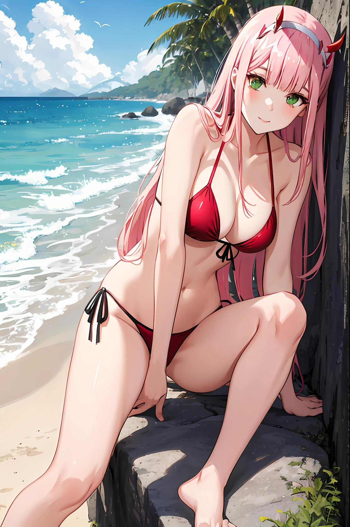 zero two, side tie bikini, medium breast, slim legs, sunny day, Beach, leaning, beautiful eyes, green eyes, nervous