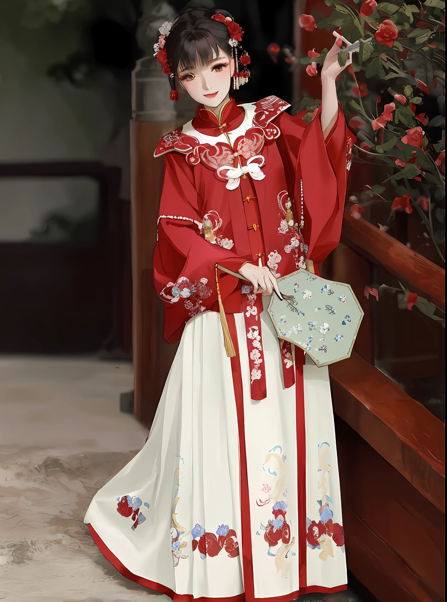 araffe dressed in a traditional chinese dress holding a fan, hanfu, palace ， a girl in hanfu, white hanfu, traditional chinese clothing, wearing ancient chinese clothes, with acient chinese clothes, wearing ornate silk clothes, traditional chinese, imperial royal elegant clothing, chinese costume, traditional tai costume, red kimono with flower patterns, ancient chinese princess
