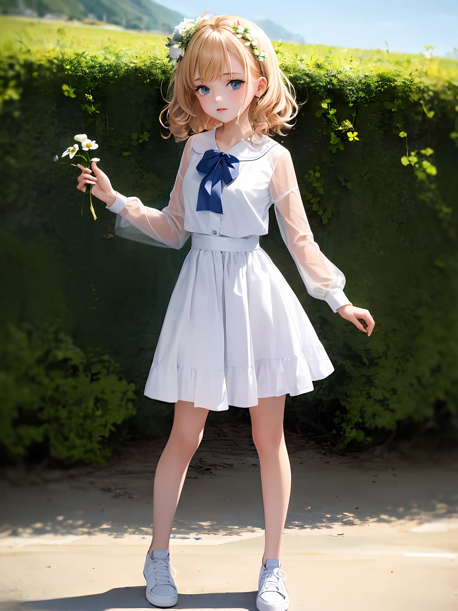 1girl, (masterpiece:1.1), (best quality:1.1), (white blouse:1.1), BREAK [blue:pink:0.5] theme, cowboy shot, full body, sideways view, looking at the audience, break flaxen hair, curly hair, delicate facial features, blue eyes, flowers on the head, white top, white skirt, white sneakers, standing, beach, selling cute