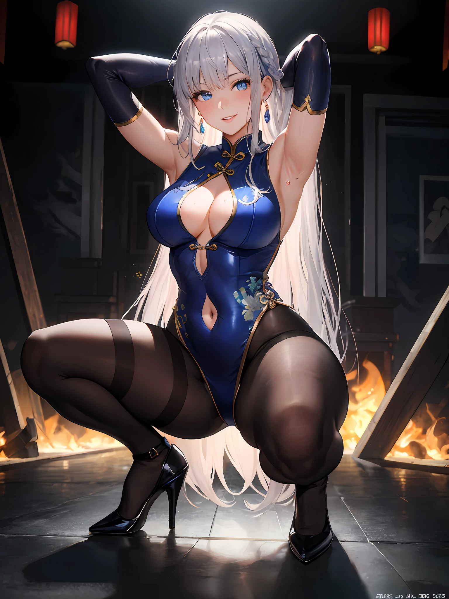 Masterpiece, beautiful lighting, detailed beautiful face, detailed beautiful eyes, high resolution, ultra-fine illustration, very delicate and beautiful, highest quality, dynamic lighting, cinematic lighting,
(:1.3), Solo, 30s, (Silver Hair, Long Hair, Blue Eyes),, Curvaceous, (Shiny Hair, Glossy Eyes, Shiny Skin), Smile, (Glowing Skin:1.2),
, thighs, covered navel, pelvic curtain, gloves, elbow gloves, armpits, smile, black thighs, watch viewer, earrings, thighs, squat, arms up, under, blush, sweat, jewelry, thick thighs, black gloves, bangs, arms behind the head, (cheongsam), legs spread, lips parted, full body, pantyhose, traditional chinese hairstyle