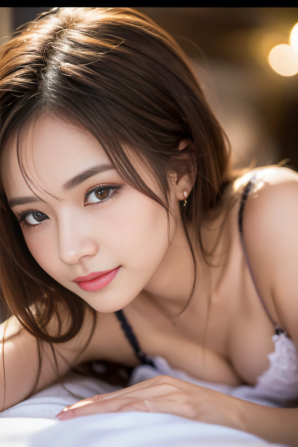 4K video, beautiful woman, one woman, dark brown hair: 1.1, super detailed face, detailed lips, detailed eyes, double eyelids, wearing a thin yellow erotic lace bra that makes breasts visible, beautiful smile, sensual body, princess eyes, night cruising night view on background, beautiful Japan woman, beautiful Japan lady, sensual charm, attractive pose, sensual eros, beautiful Japan female face, pose seducing men, sensual lips, bewitching body, sleeping in a white bed,