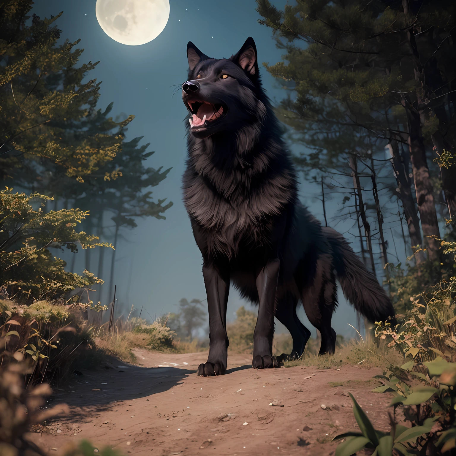 In the image, a huge black wolf howls at the full moon in a shadowy forest. Beside him, a brave human highlights the gigantic scale of the wolf., volumetric lighting, octane rendering, 4k resolution, trend in artstation, masterpiece