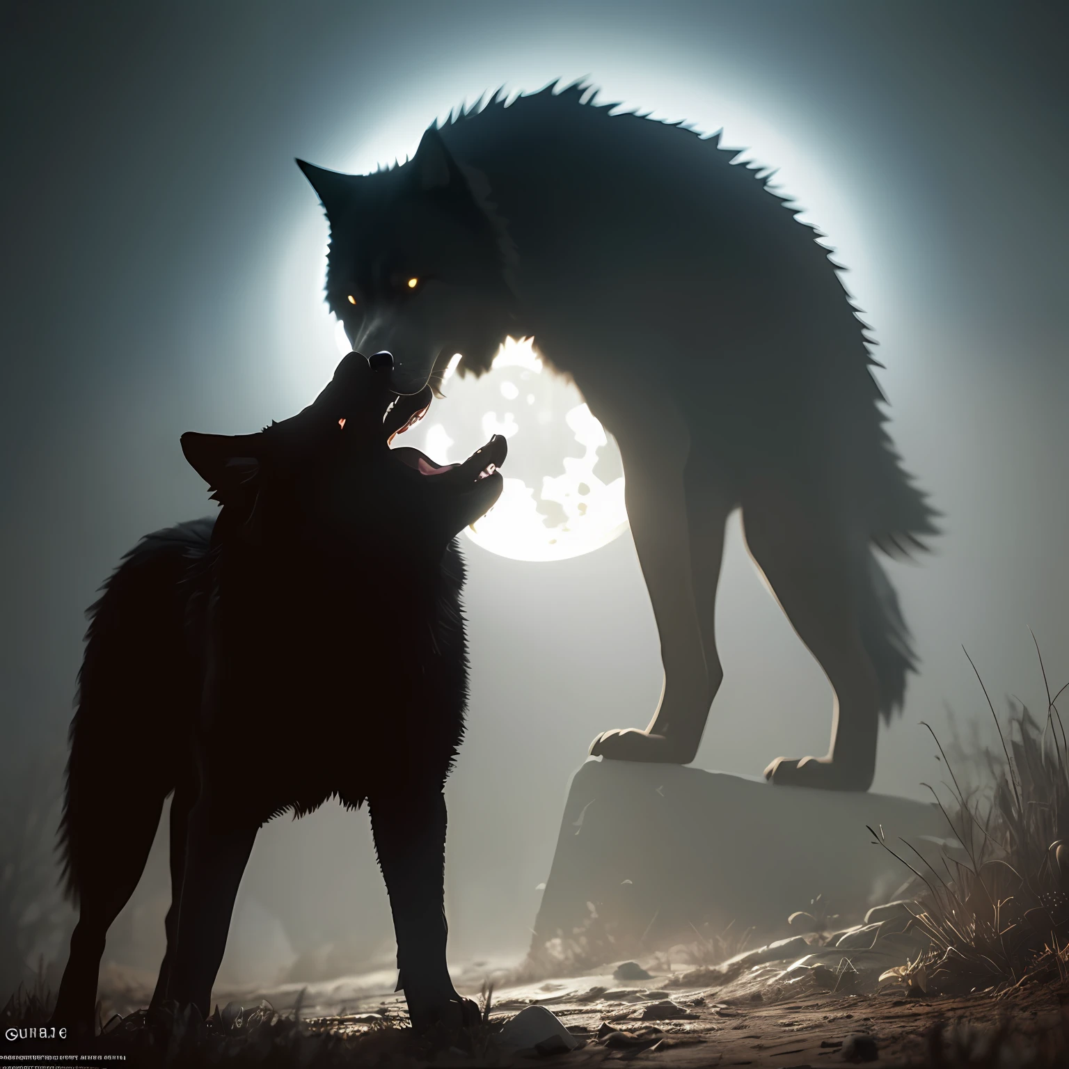 In the image, a huge black wolf howls at the full moon in a shadowy forest. Beside him, a brave human highlights the gigantic scale of the wolf., volumetric lighting, octane rendering, 4k resolution, trend in artstation, masterpiece