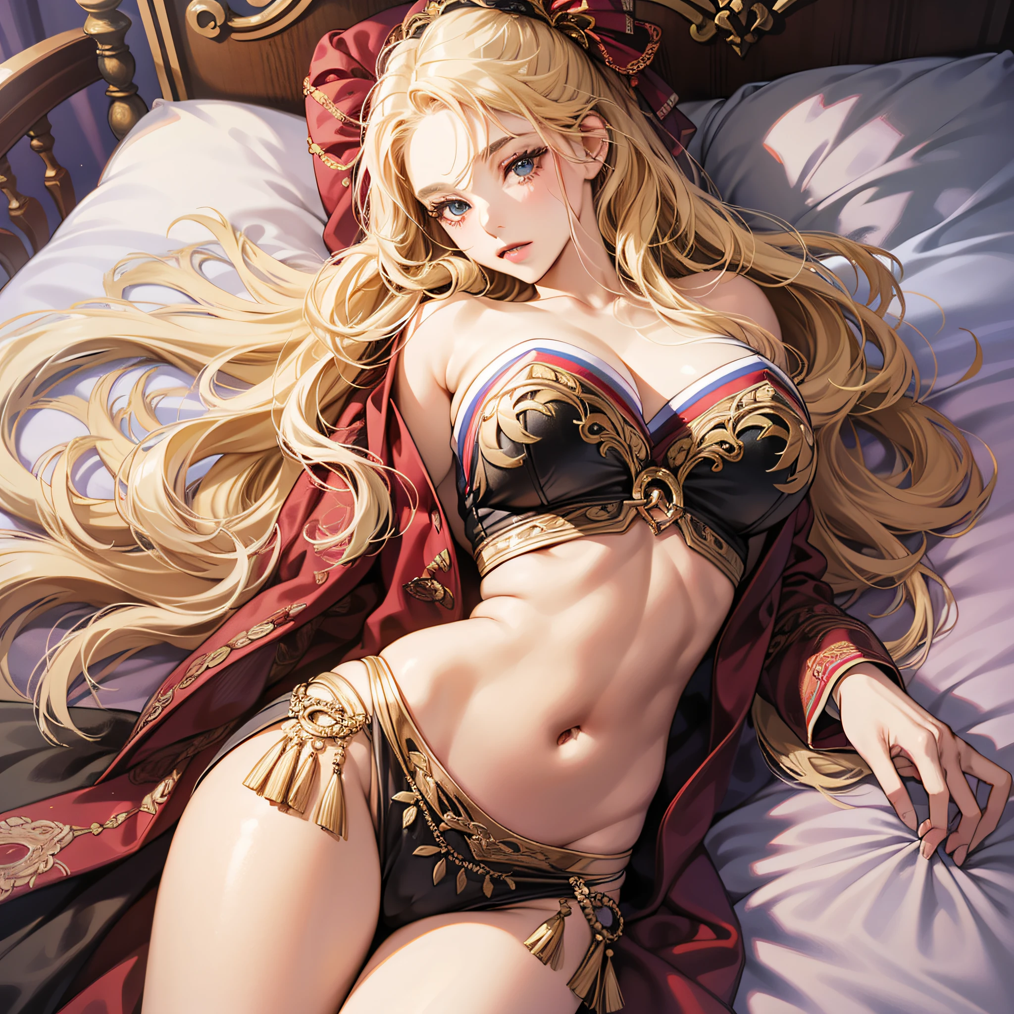 Looking here, attractive long blonde young woman, belly dancing costume, skin tight, soft looking big, crotch wide open, lying on bed